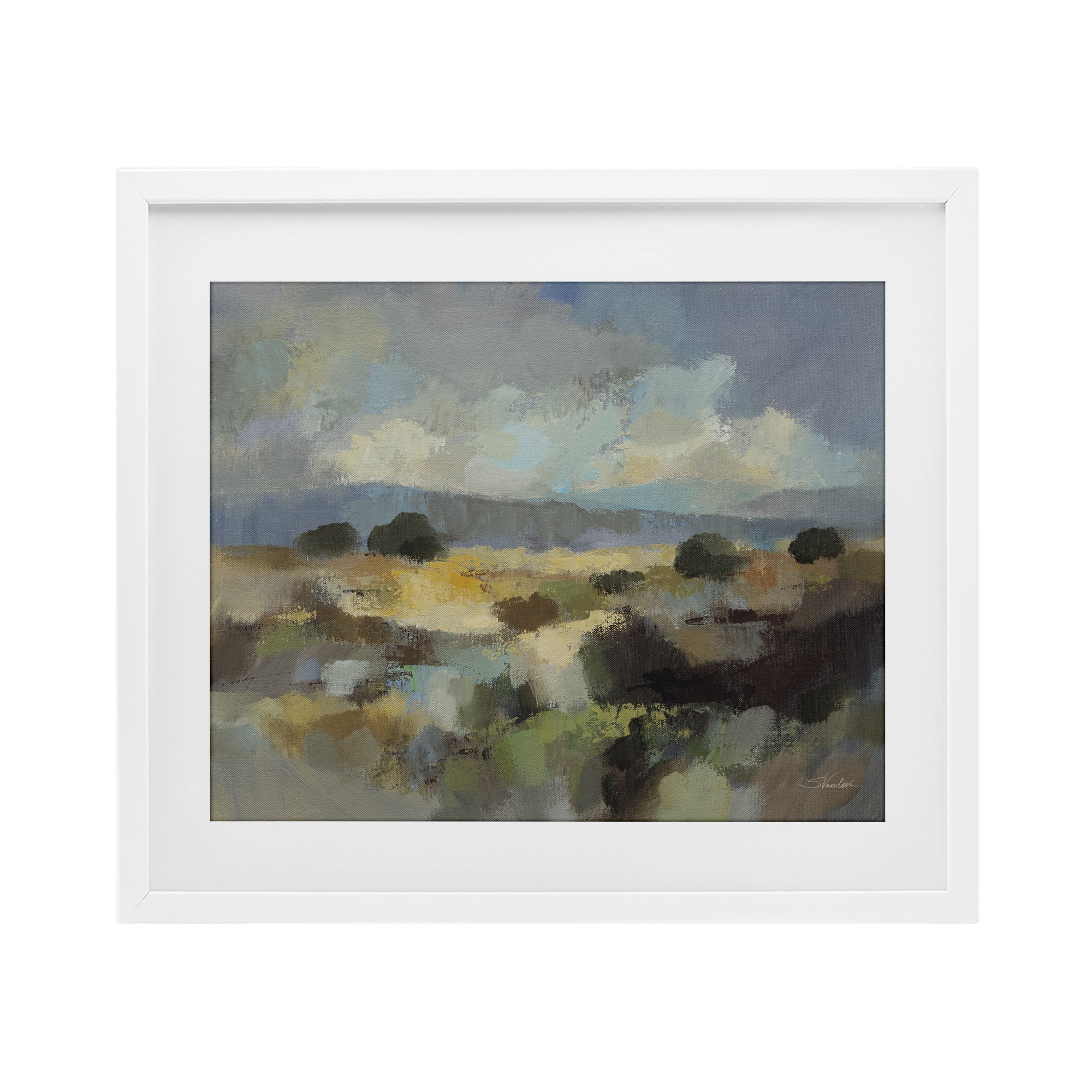 Stupell Industries Muted Blue Landscape with Clouds White Framed Print Under Glass, design by Silvia Vassileva