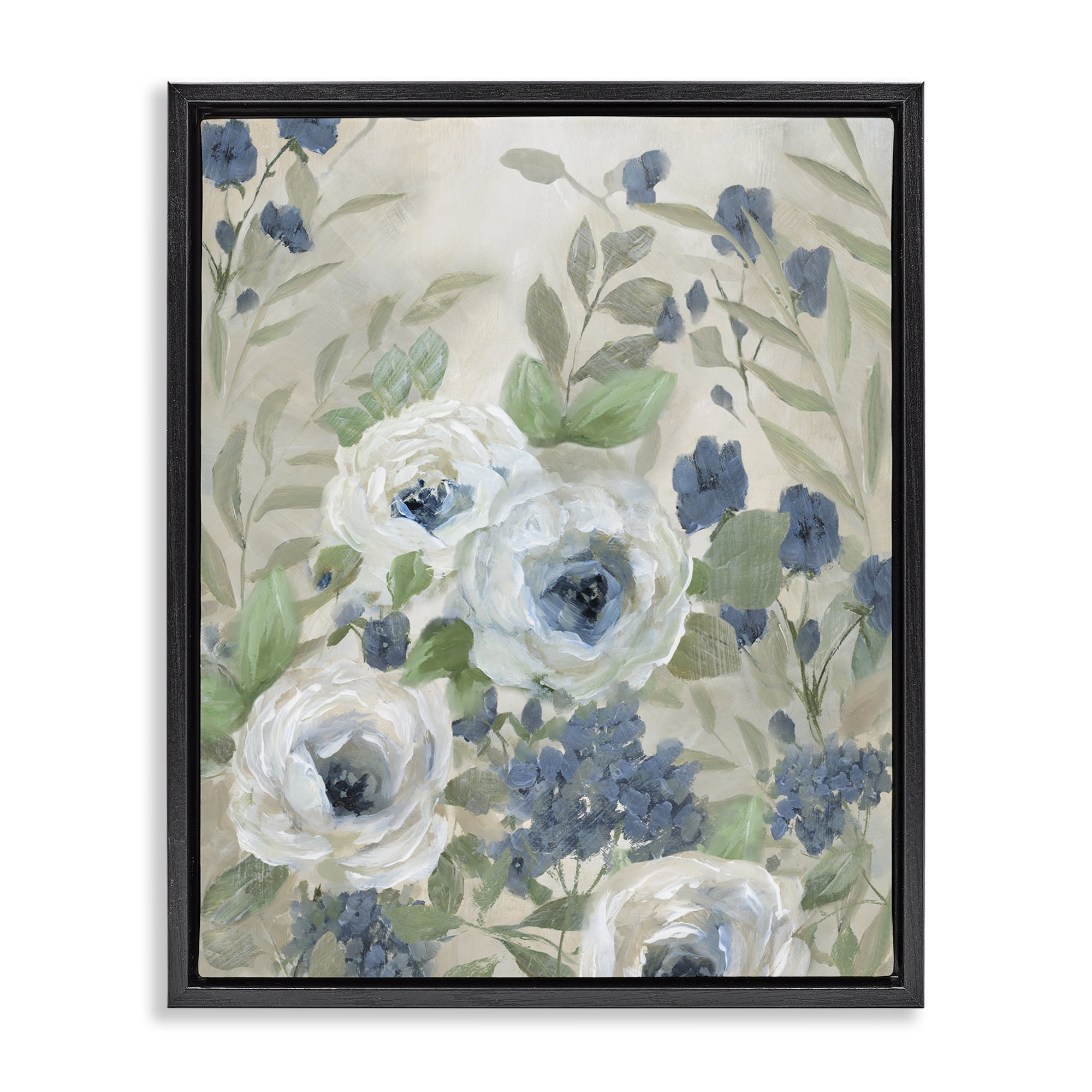 Stupell Industries Muted Blue & White Blossoms Floral Painting Black Floater Framed Canvas Art Print Wall Art, 25 x 31