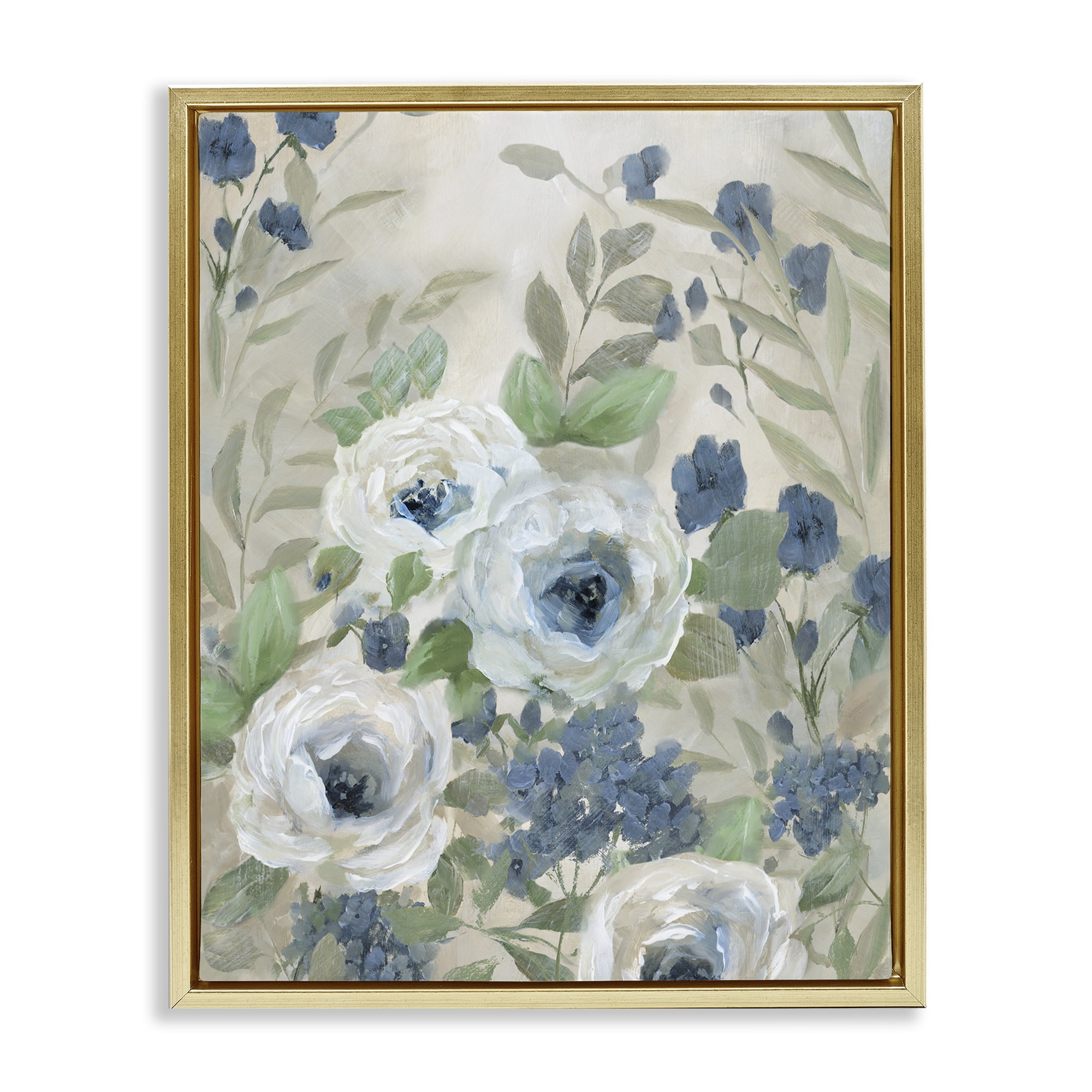 Stupell Industries Muted Blue & White Blossoms Floral Painting Gold Floater Framed Canvas Art Print Wall Art, 25 x 31