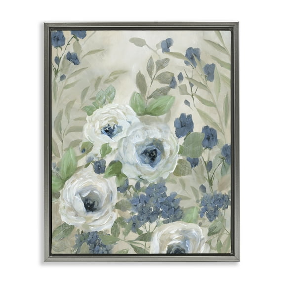 Stupell Industries Muted Blue & White Blossoms Floral Painting Gray Floater Framed Canvas Art Print Wall Art, 17 x 21
