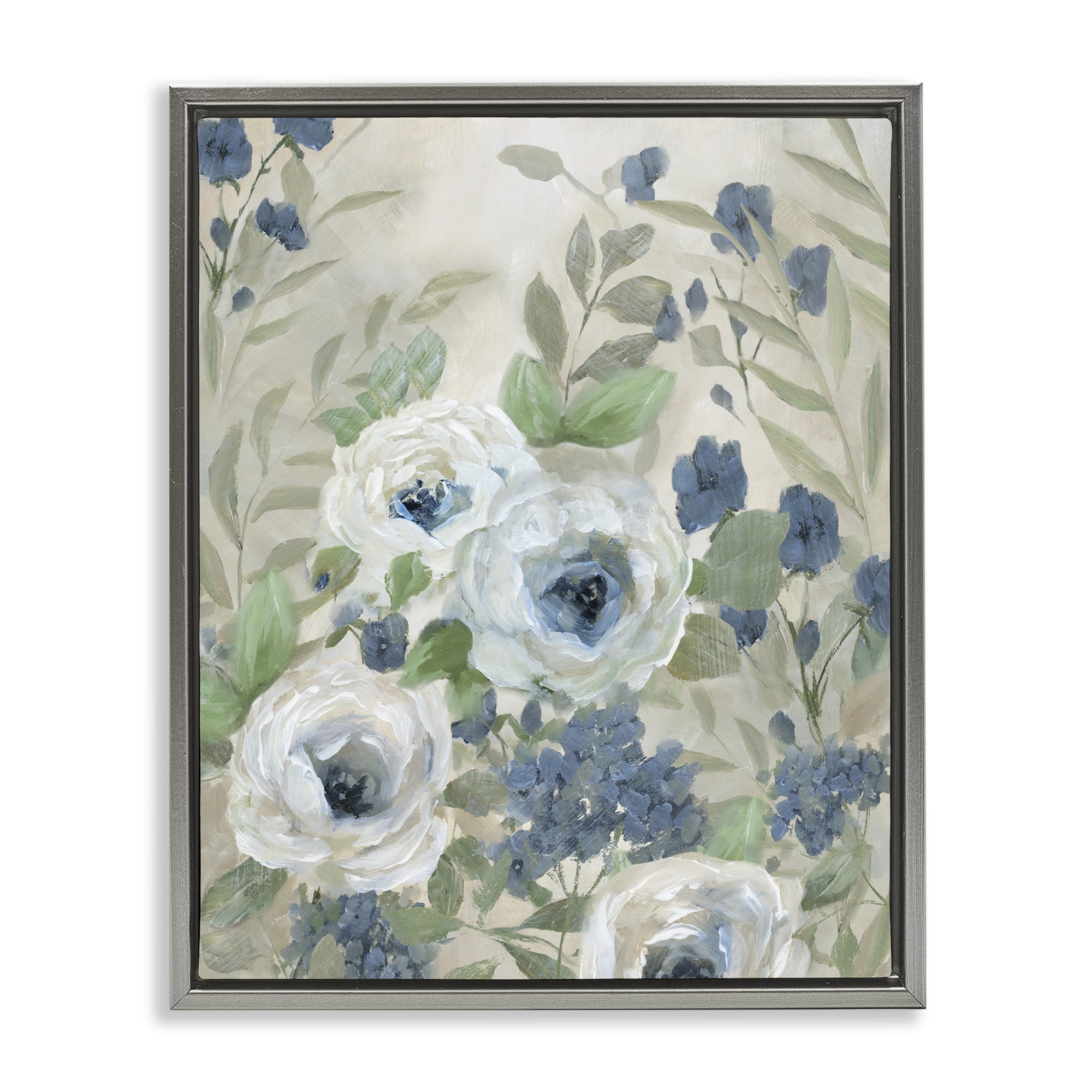 Stupell Industries Muted Blue & White Blossoms Floral Painting Gray Floater Framed Canvas Art Print Wall Art, 25 x 31