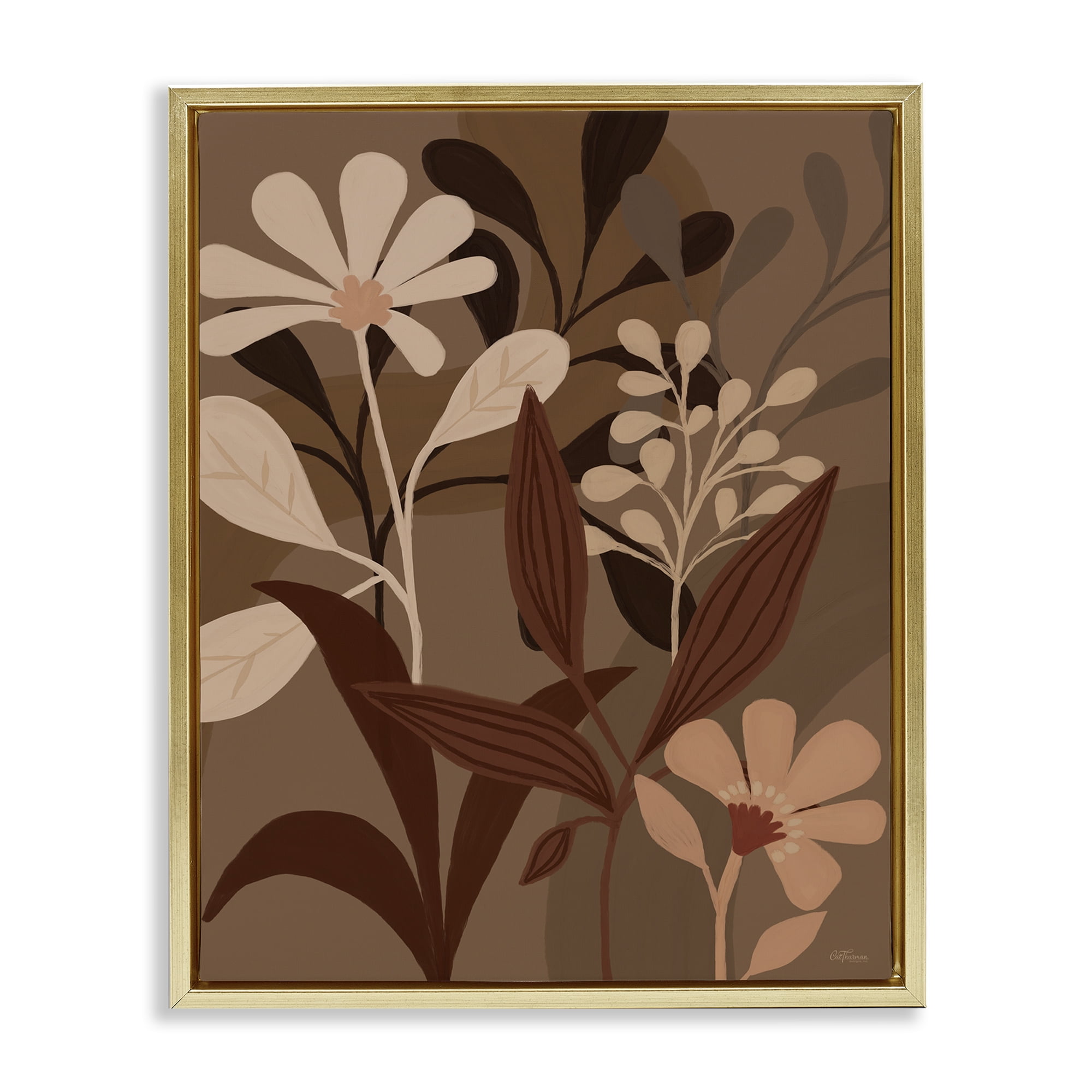 Stupell Industries Muted Boho Botanicals Plants & Flowers Painting Gold Floater Framed Canvas Art Print Wall Art, 17 x 21