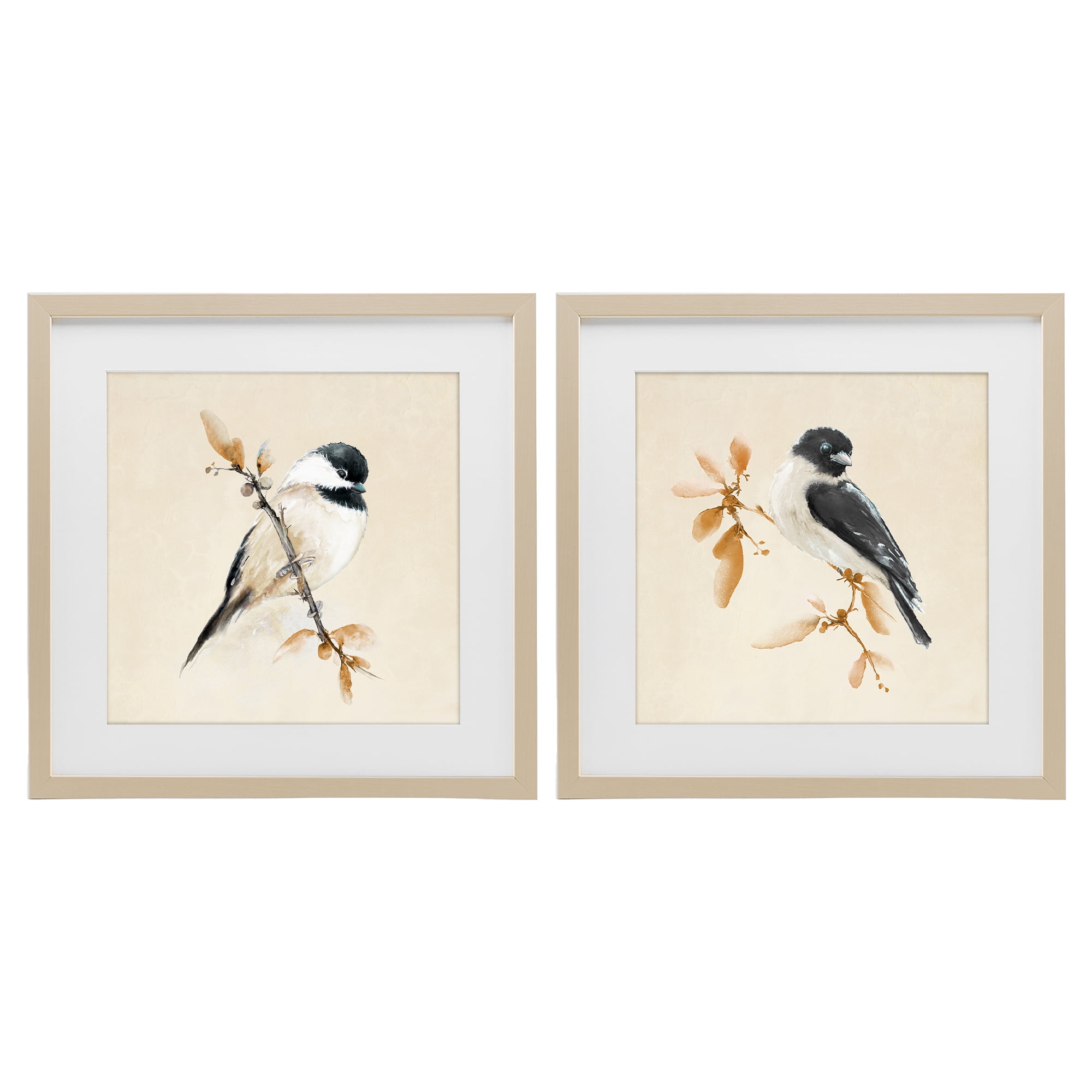 Stupell Industries Muted Chickadees on Beige 2 Piece Birch Framed Print Under Glass Set, design by Diannart