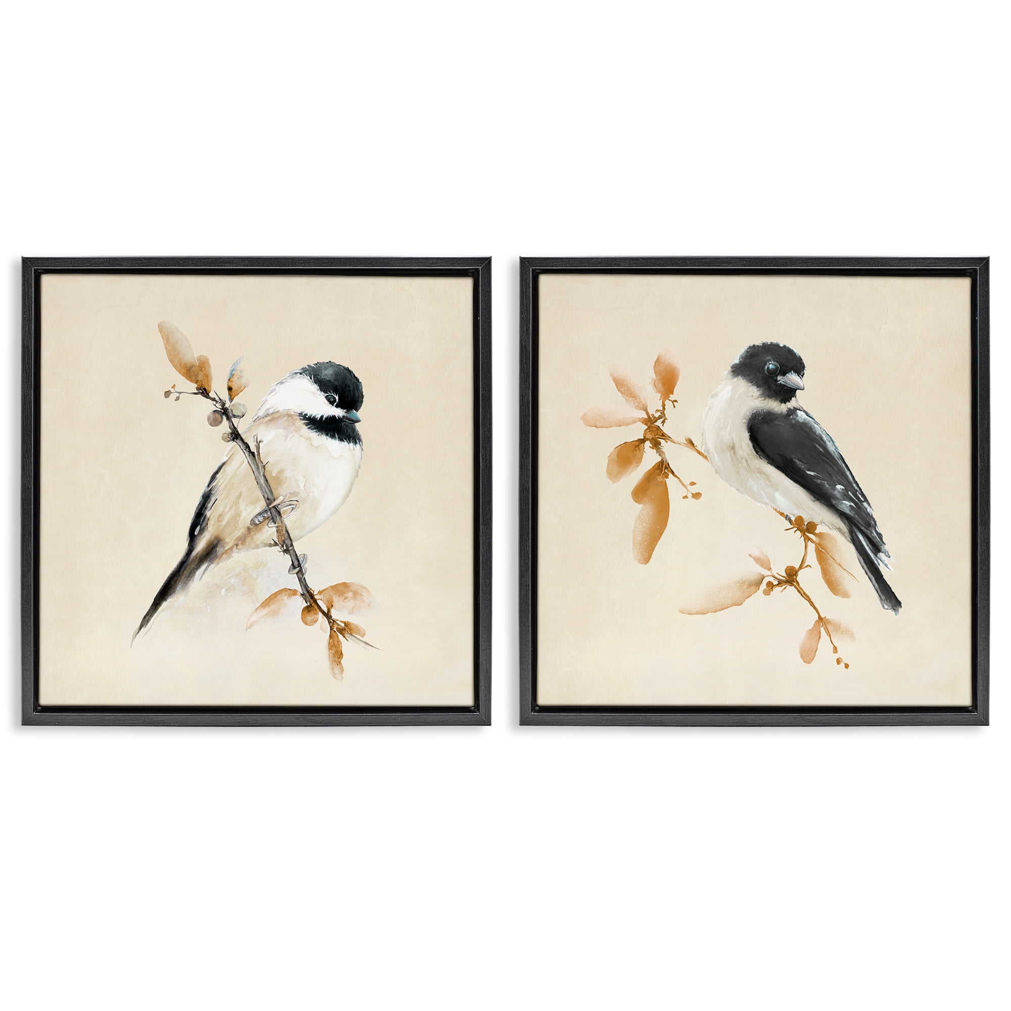 Stupell Industries Muted Chickadees on Beige 2 Piece Black Framed Floater Canvas Set, design by Diannart