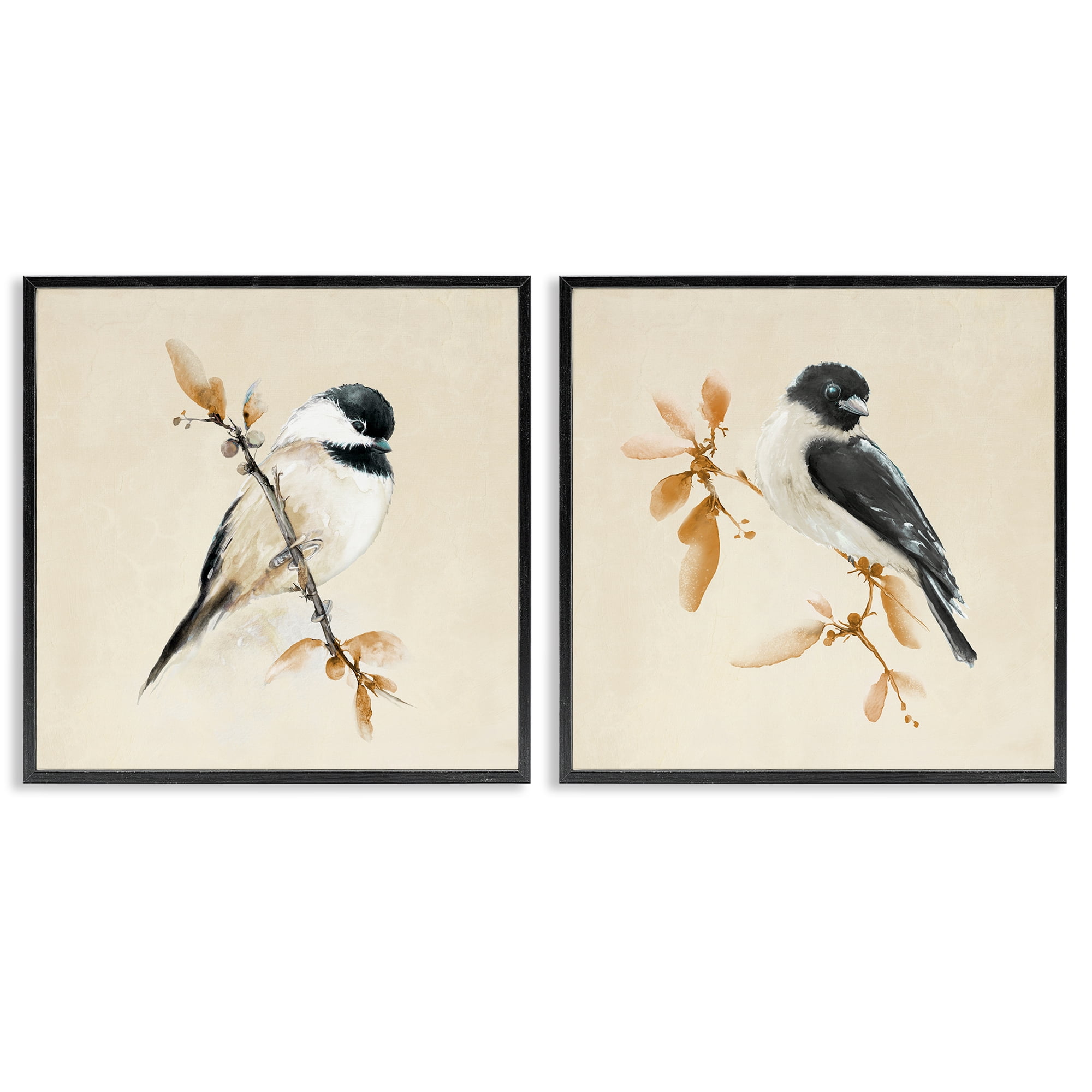 Stupell Industries Muted Chickadees on Beige 2 Piece Black Framed Giclee Art Set, design by Diannart