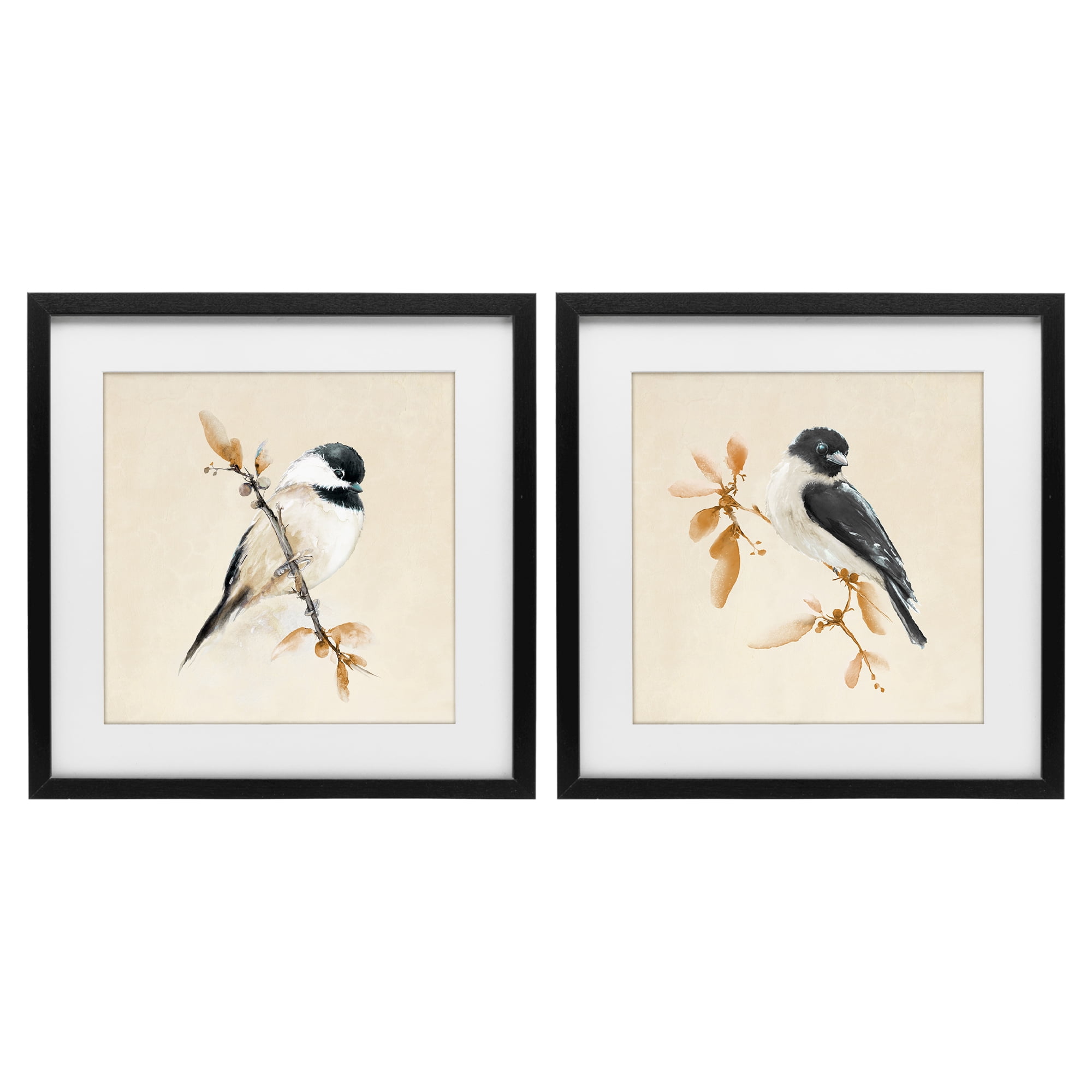 Stupell Industries Muted Chickadees on Beige 2 Piece Black Framed Print Under Glass Set, design by Diannart