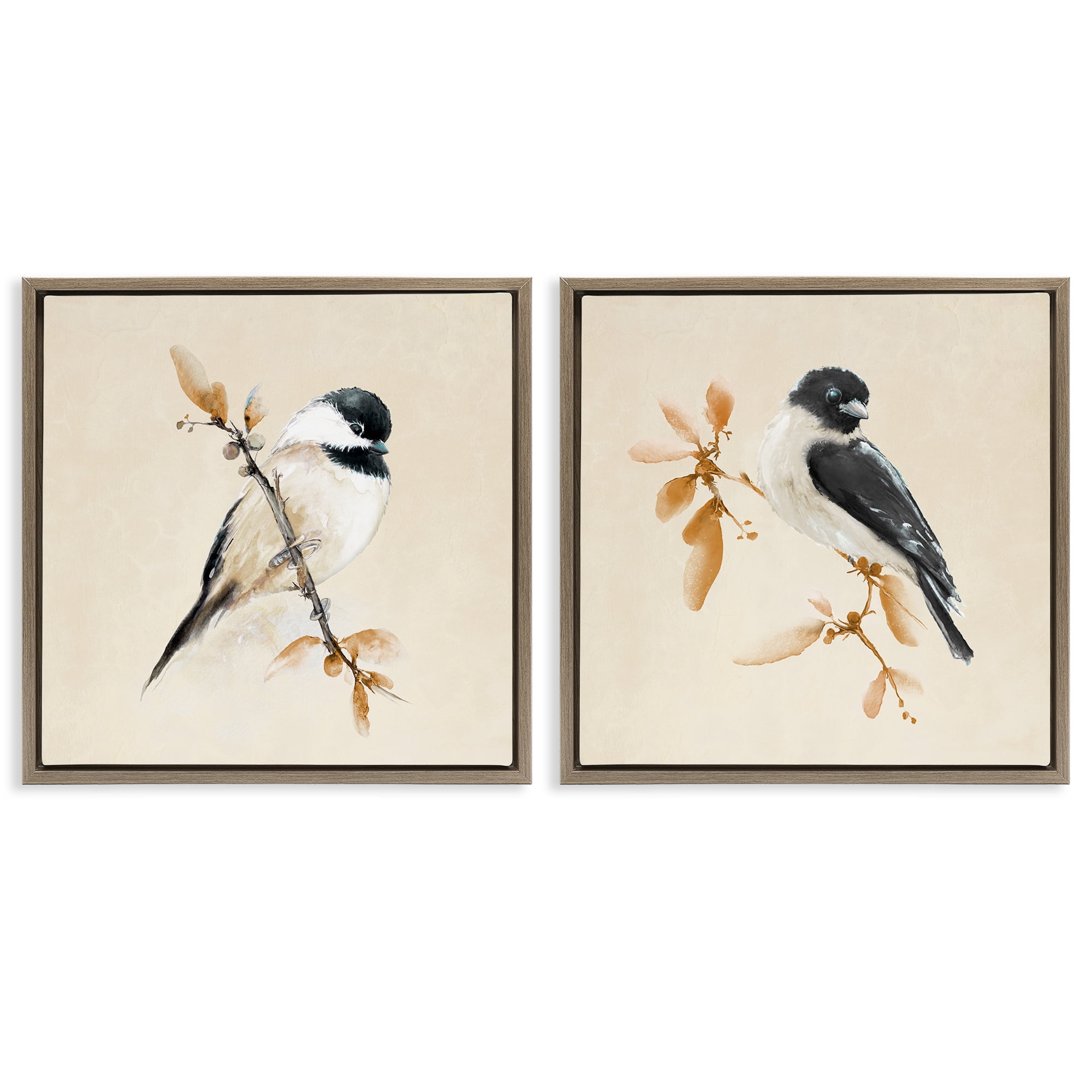 Stupell Industries Muted Chickadees on Beige 2 Piece Brown Framed Floater Canvas Set, design by Diannart