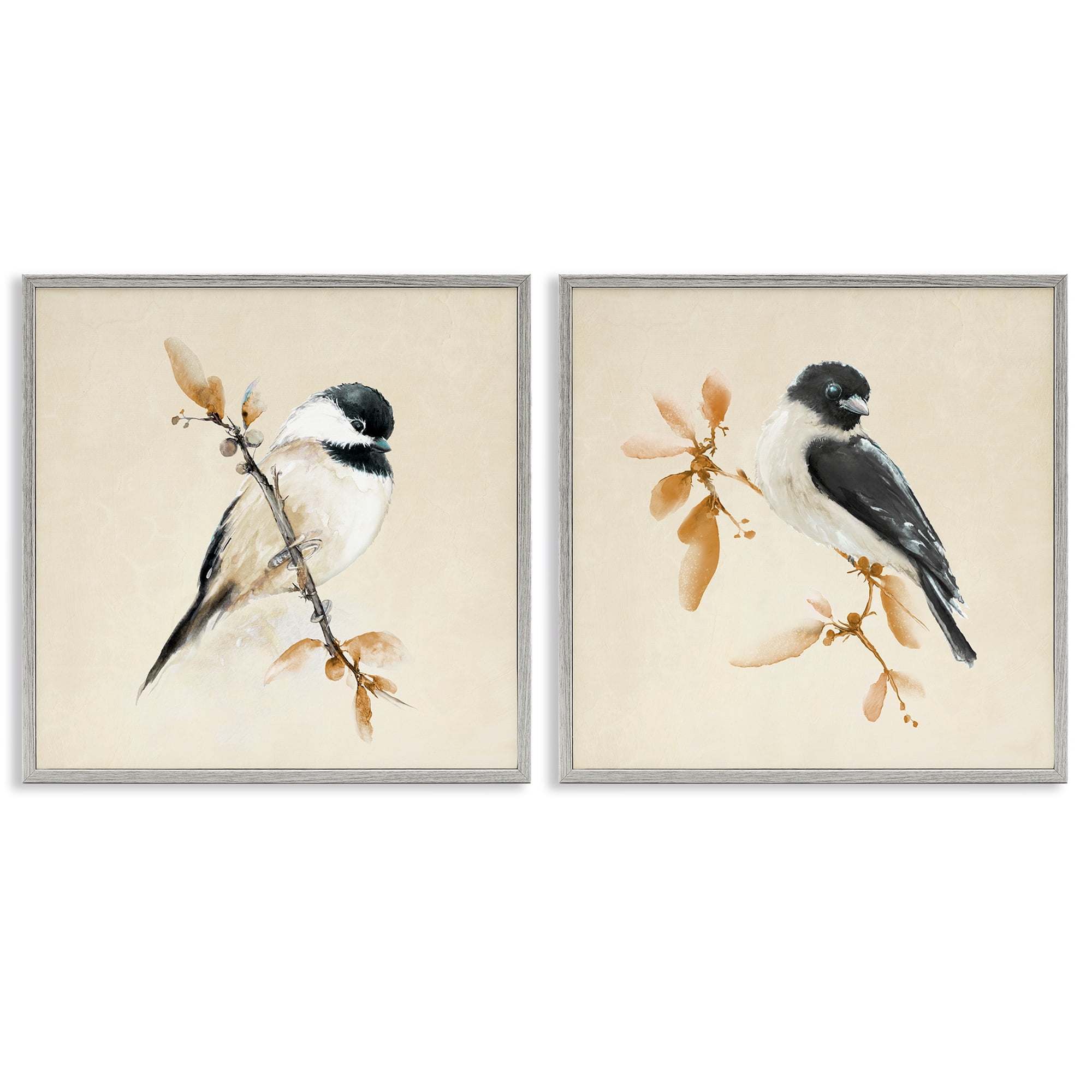 Stupell Industries Muted Chickadees on Beige 2 Piece Gray Framed Giclee Art Set, design by Diannart