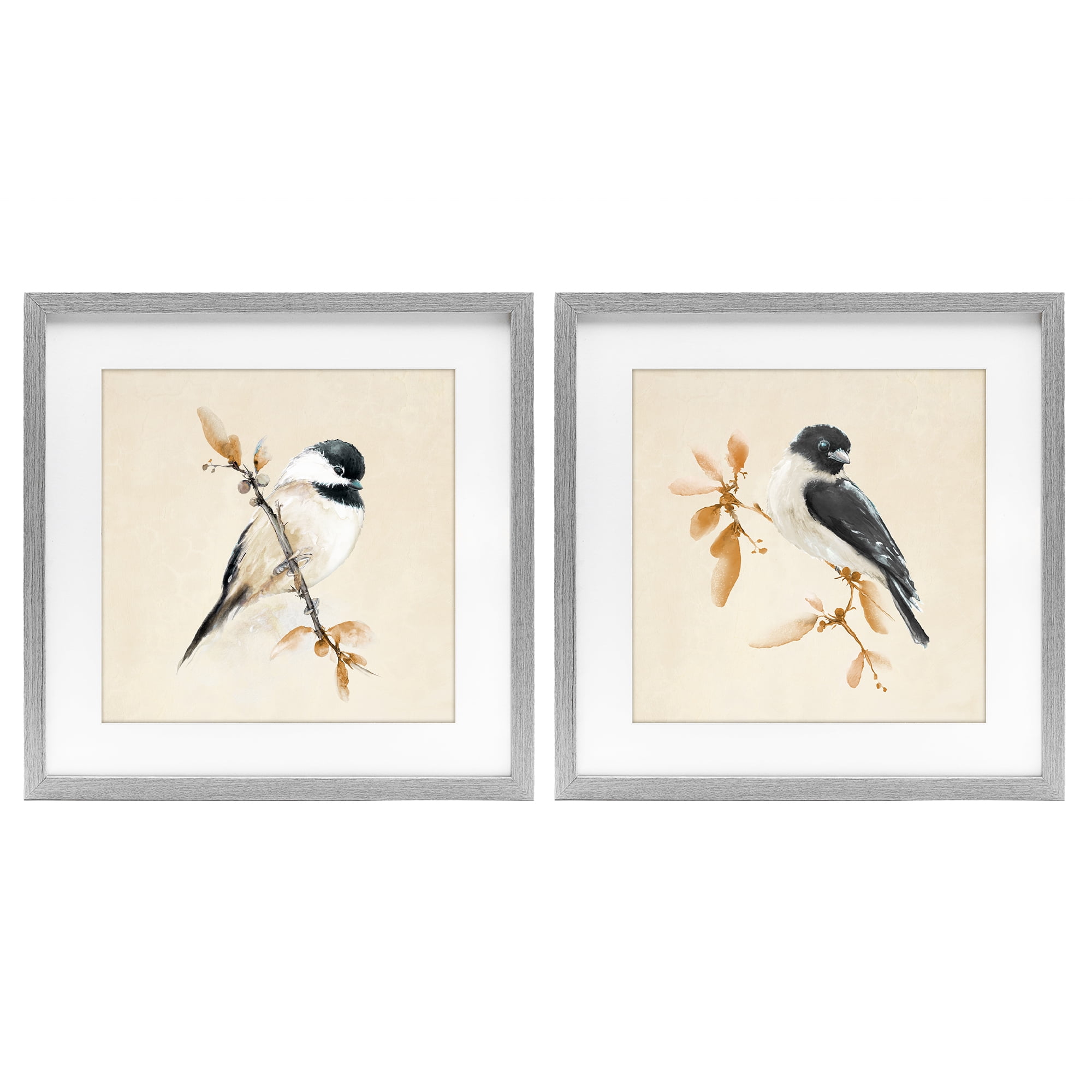 Stupell Industries Muted Chickadees on Beige 2 Piece Gray Framed Print Under Glass Set, design by Diannart
