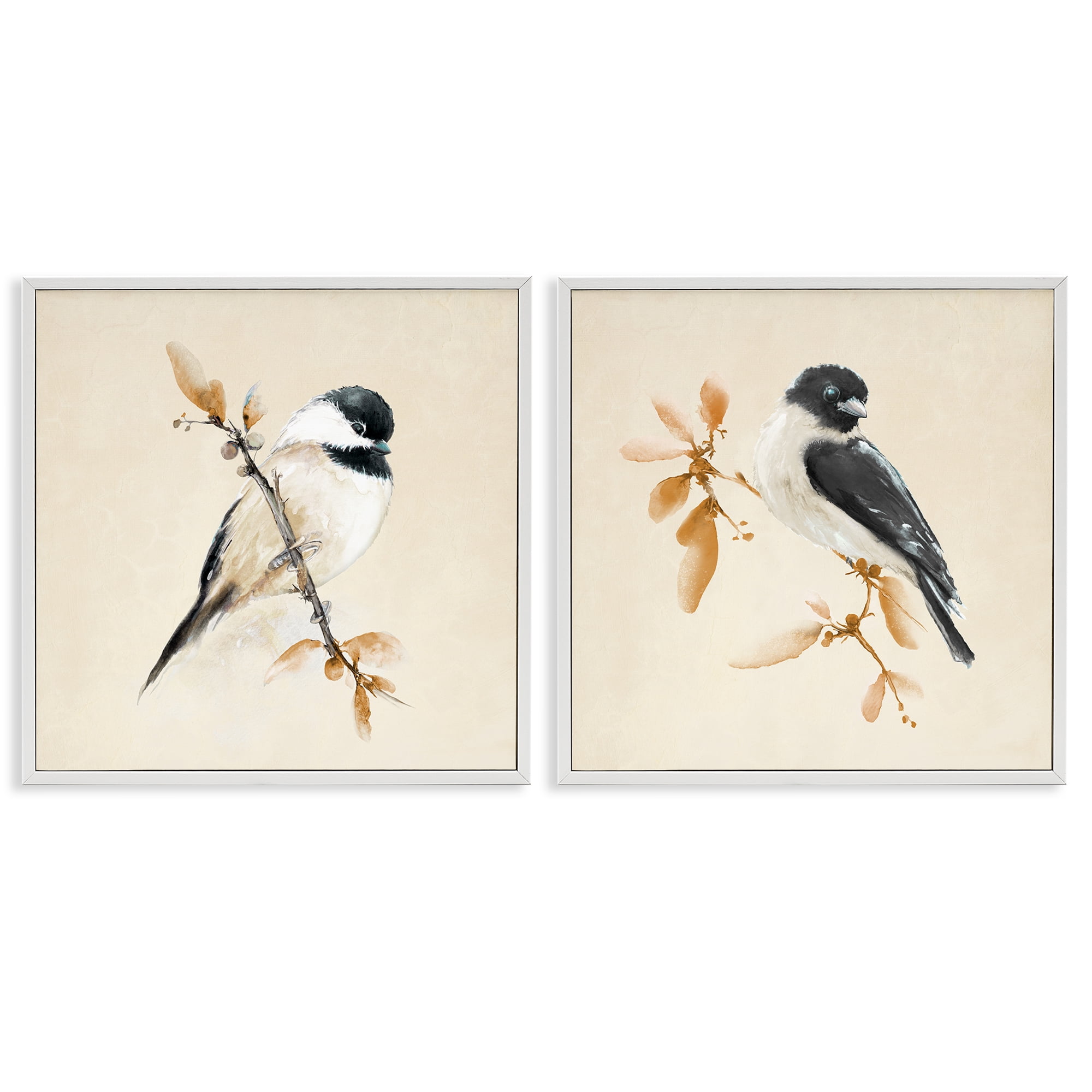 Stupell Industries Muted Chickadees on Beige 2 Piece White Framed Giclee Art Set, design by Diannart