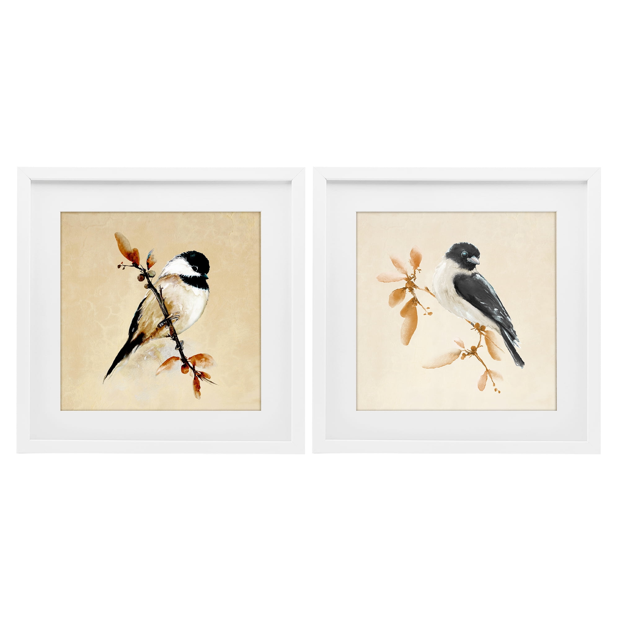 Stupell Industries Muted Chickadees on Beige 2 Piece White Framed Print Under Glass Set, design by Diannart