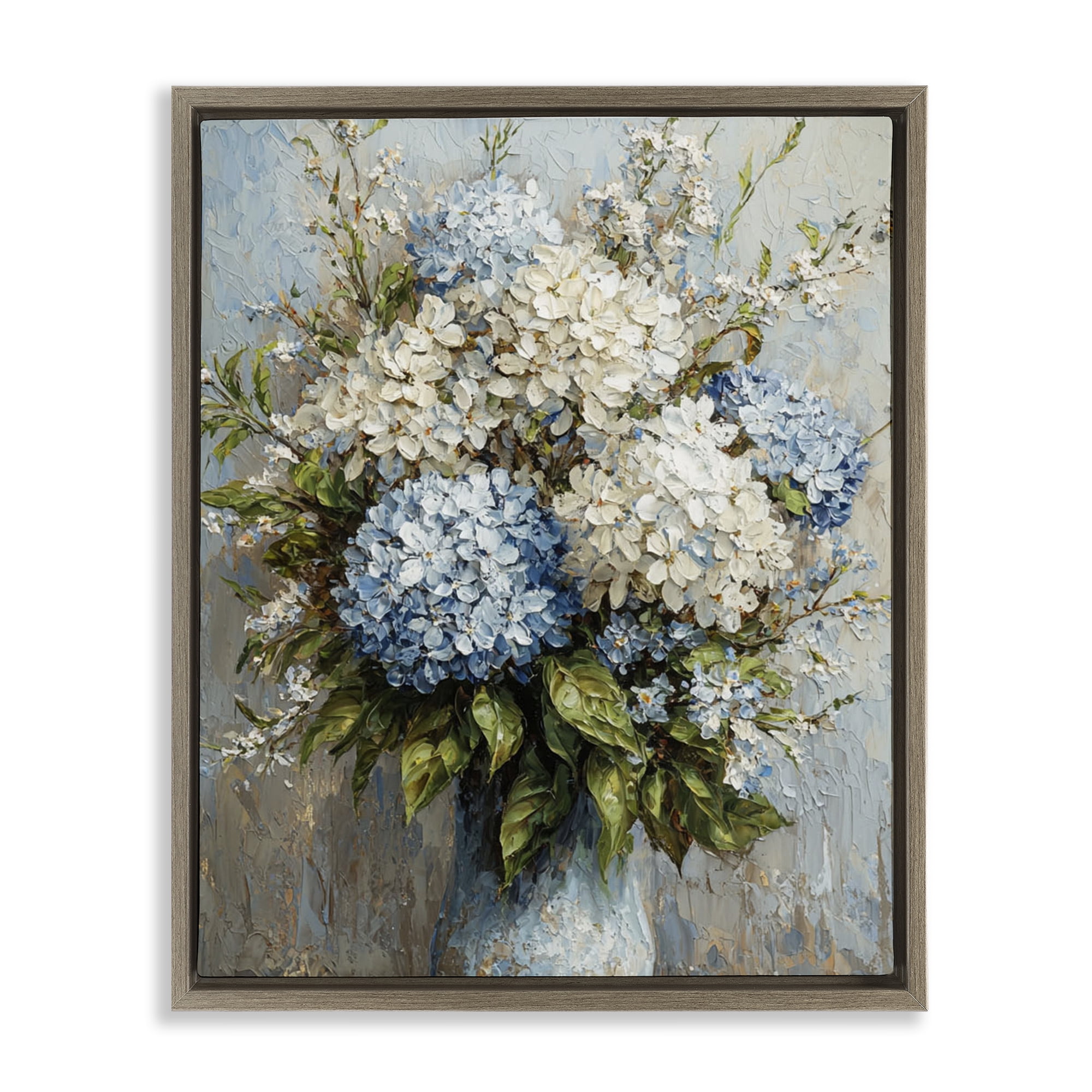 Stupell Industries Muted Classic Hydrangeas Floral Painting Brown Floater Framed Canvas Art Print Wall Art, 25 x 31