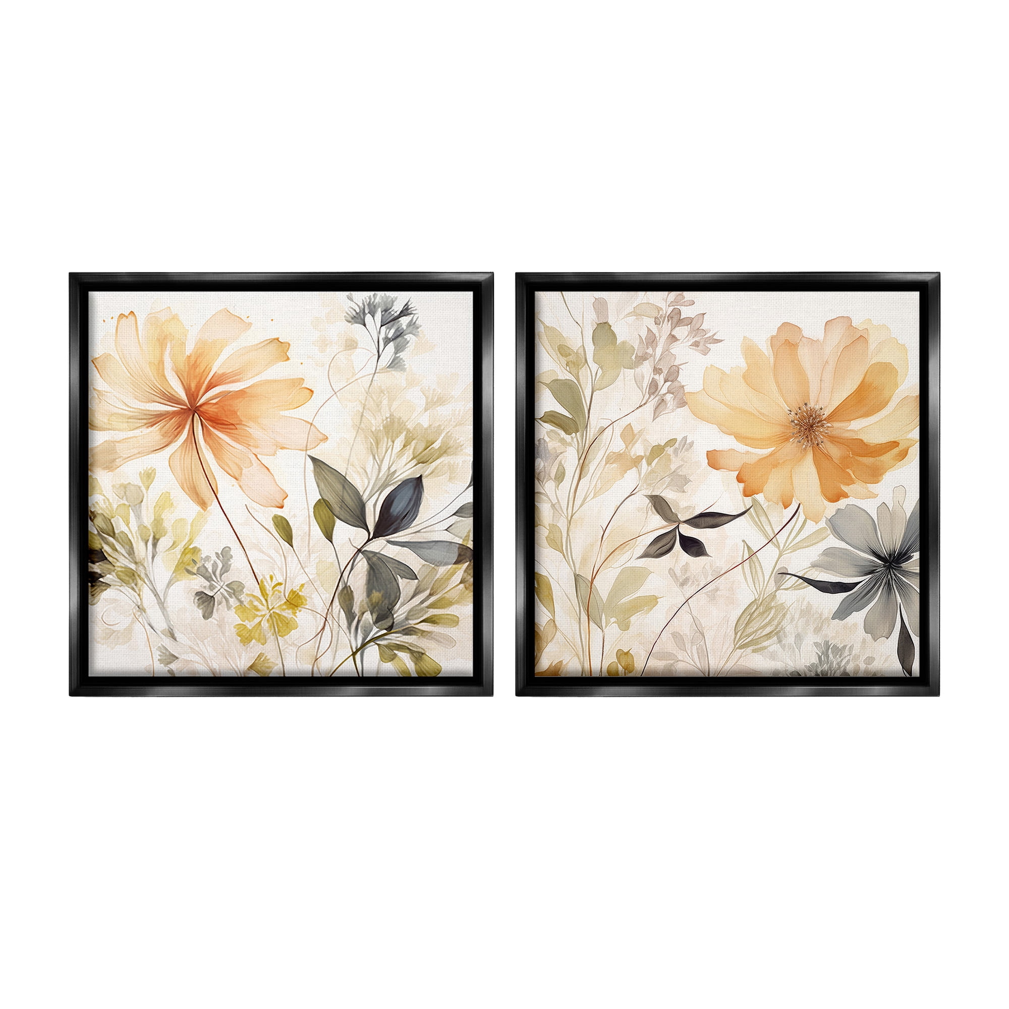 Stupell Industries Muted Cottage Flowers Botanical & Floral Painting Black Floater Framed Canvas Art Print Wall Art, 18 x 18, Set of 2