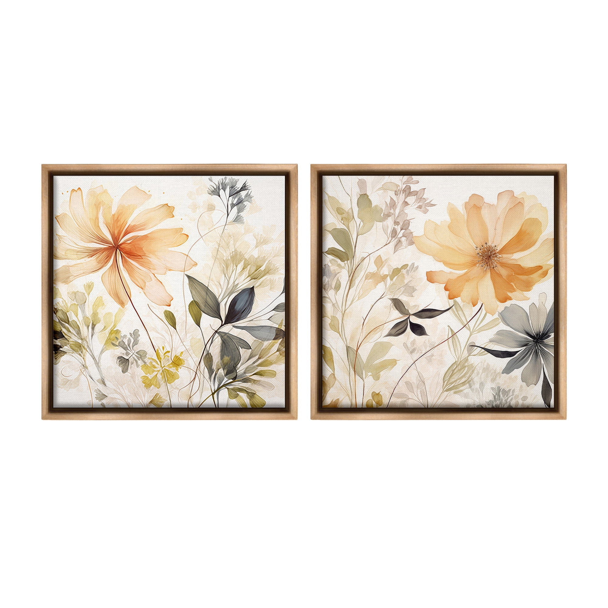 Stupell Industries Muted Cottage Flowers Botanical & Floral Painting Brown Floater Framed Canvas Art Print Wall Art, 18 x 18, Set of 2