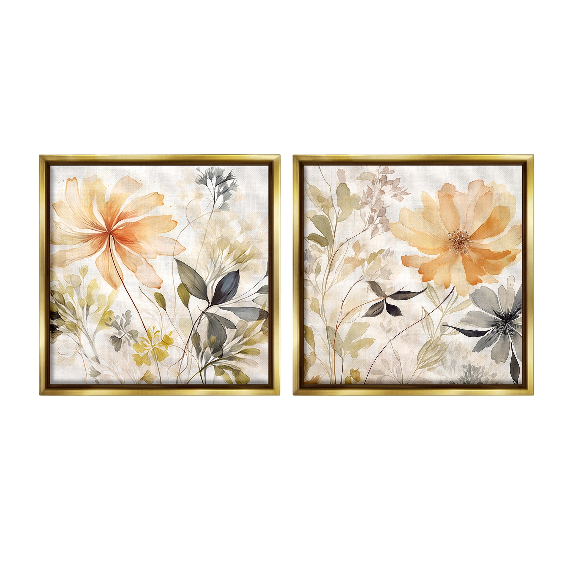 Stupell Industries Muted Cottage Flowers Botanical & Floral Painting Gold Floater Framed Canvas Art Print Wall Art, 18 x 18, Set of 2
