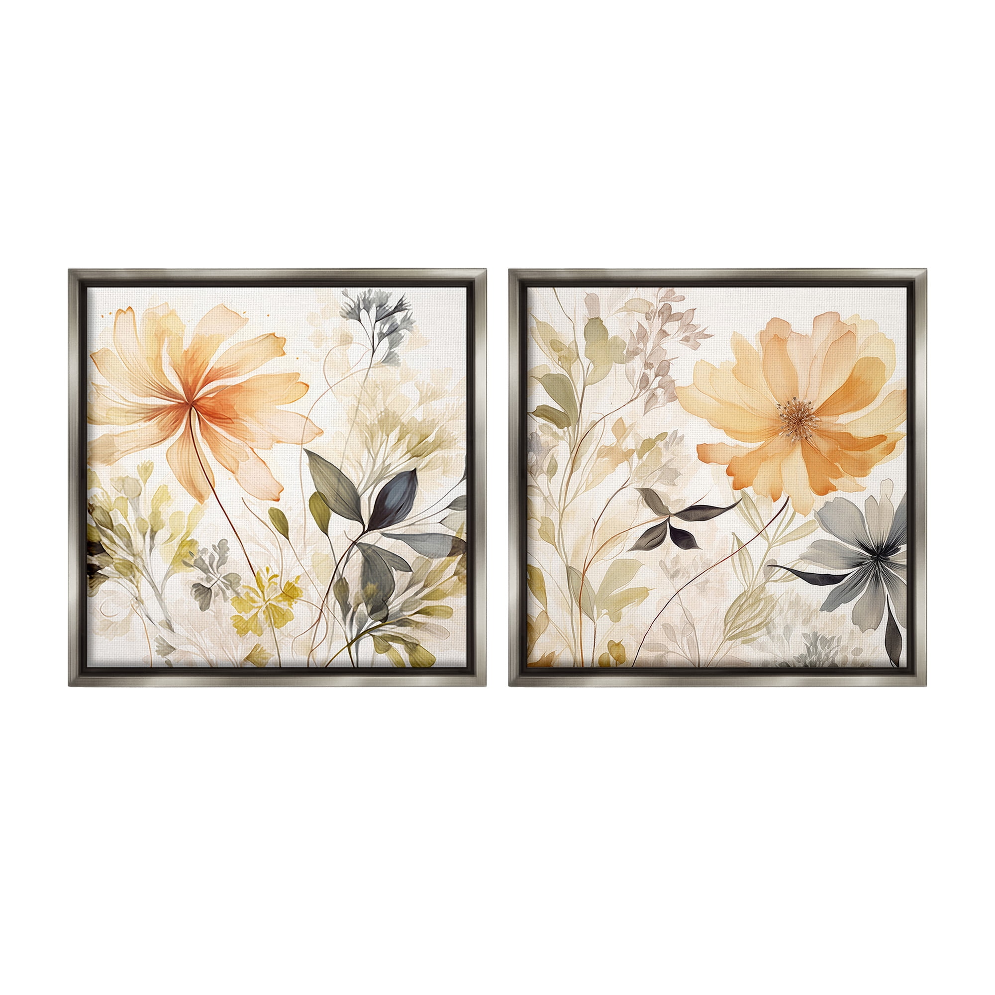 Stupell Industries Muted Cottage Flowers Botanical & Floral Painting Gray Floater Framed Canvas Art Print Wall Art, 25 x 25, Set of 2