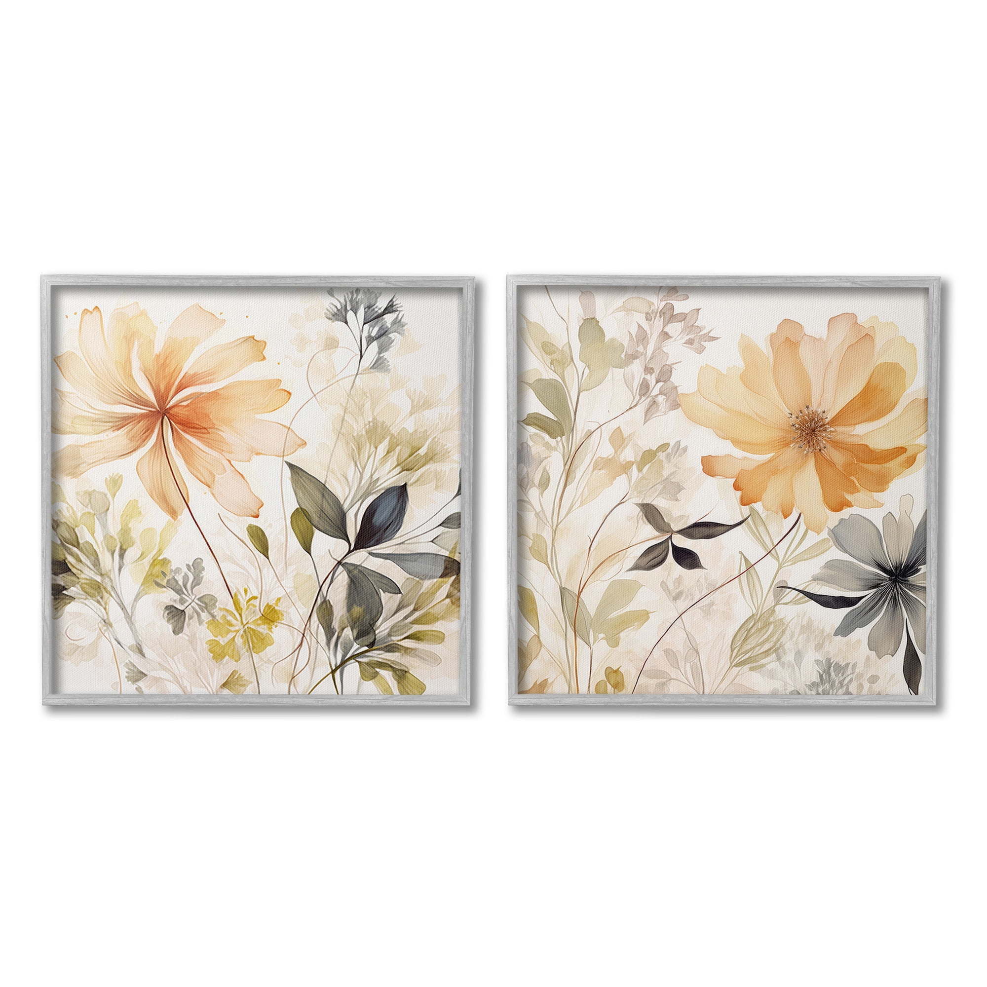 Stupell Industries Muted Cottage Flowers Botanical & Floral Painting Gray Framed Art Print Wall Art, 12 x 12, Set of 2