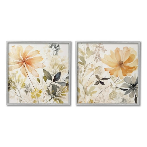 Stupell Industries Muted Cottage Flowers Botanical & Floral Painting Gray Framed Art Print Wall Art, 17 x 17, Set of 2