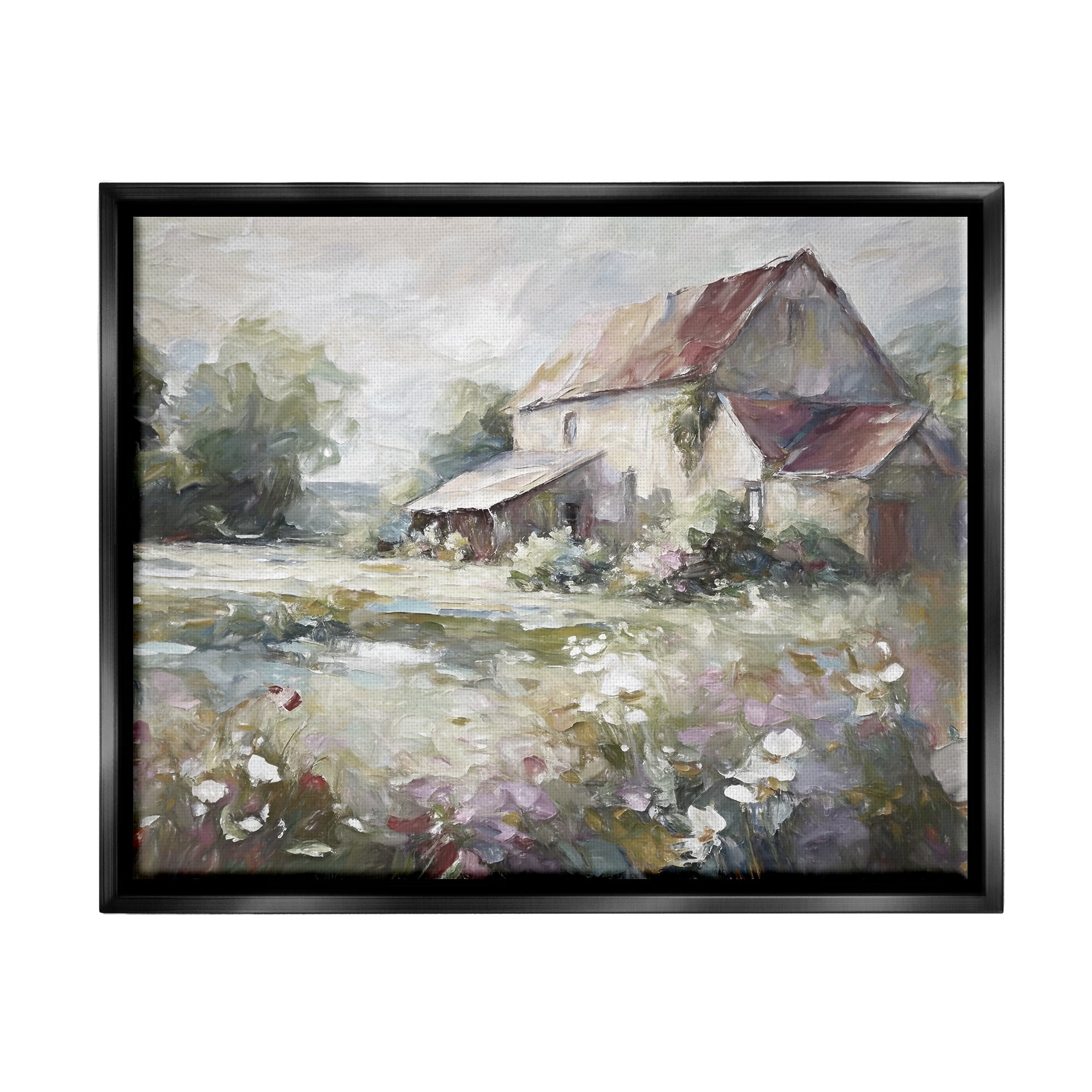 Stupell Industries Muted Cottage Meadow Landscape Painting Black Floater Framed Canvas Art Print Wall Art, 21 x 17