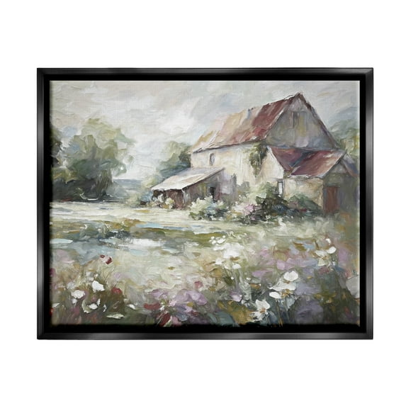 Stupell Industries Muted Cottage Meadow Landscape Painting Black Floater Framed Canvas Art Print Wall Art, 31 x 25