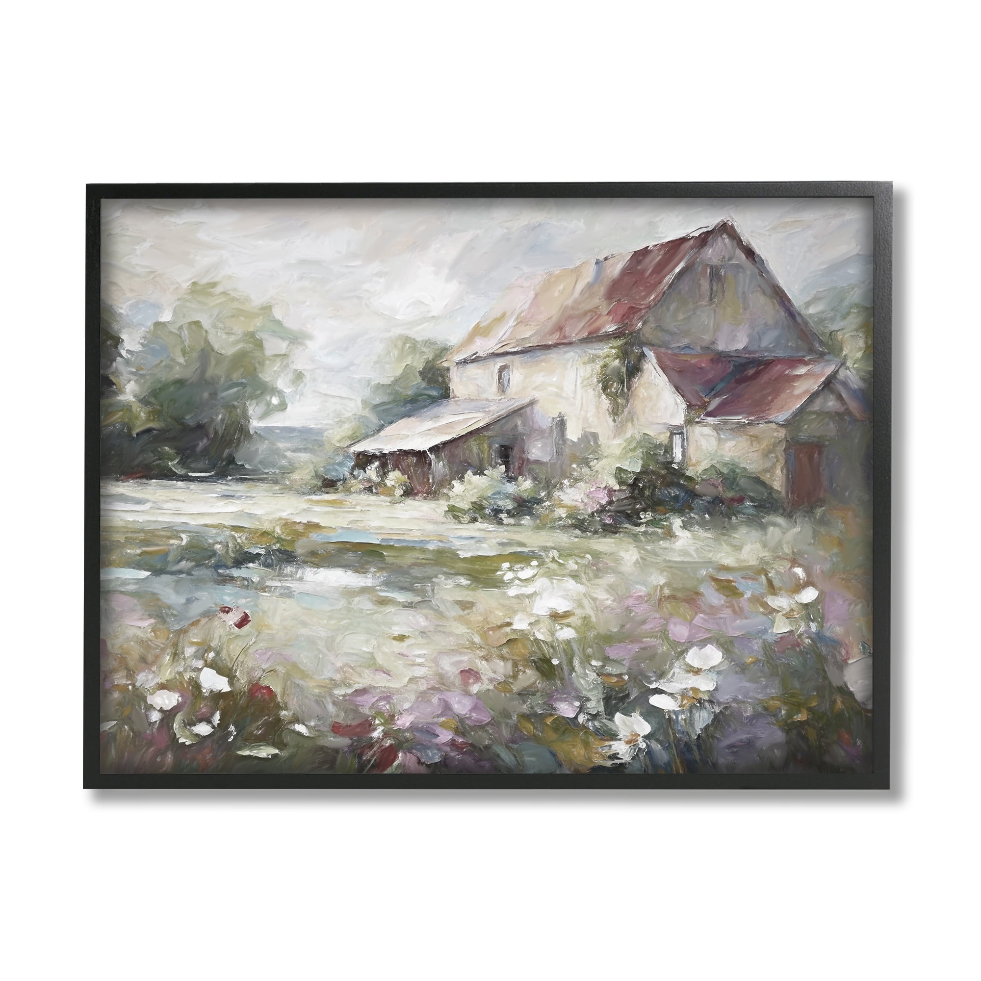 Stupell Industries Muted Cottage Meadow Landscape Painting Black Framed Art Print Wall Art, 30 x 24