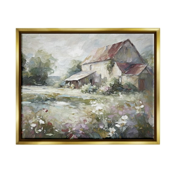 Stupell Industries Muted Cottage Meadow Landscape Painting Gold Floater Framed Canvas Art Print Wall Art, 31 x 25