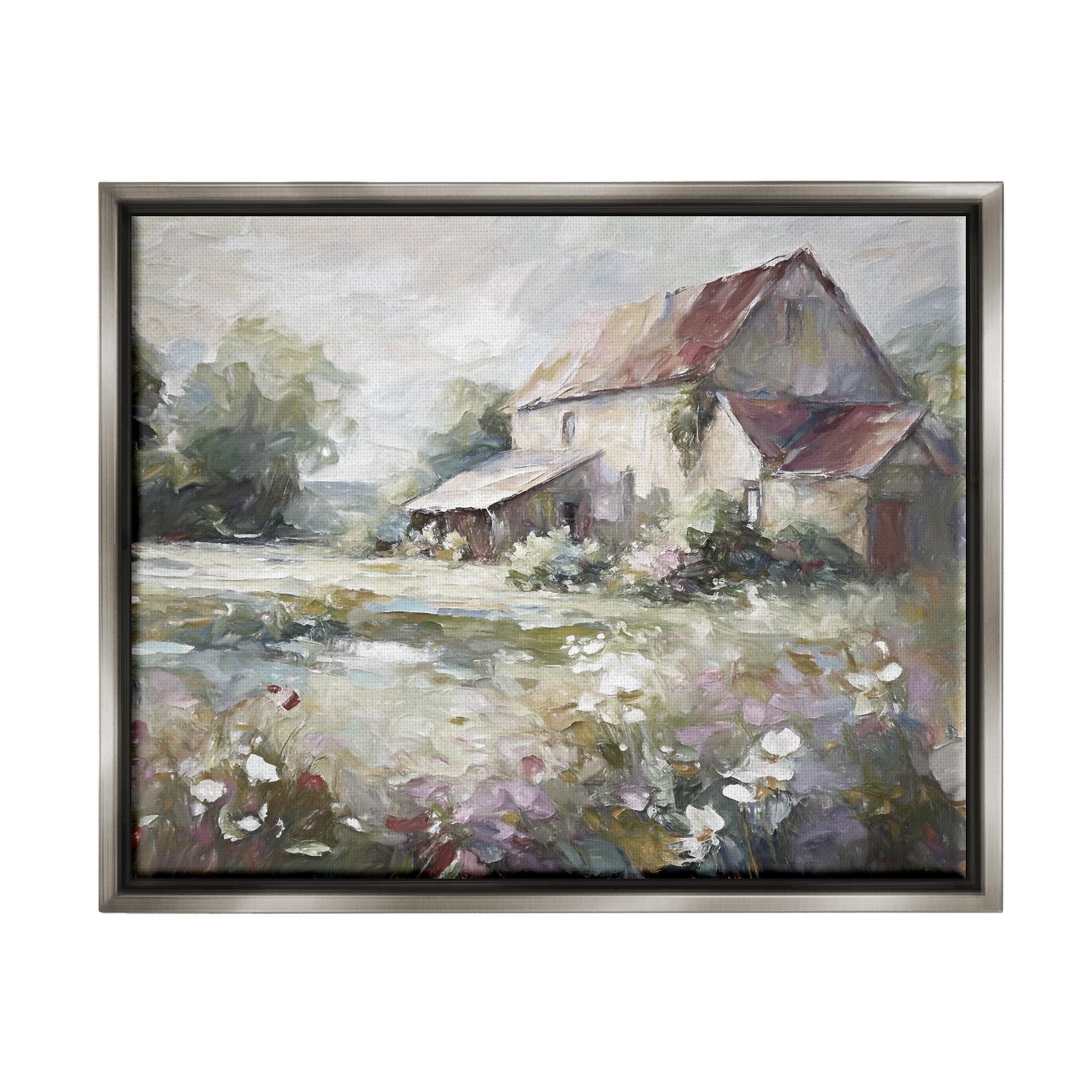 Stupell Industries Muted Cottage Meadow Landscape Painting Gray Floater Framed Canvas Art Print Wall Art, 21 x 17