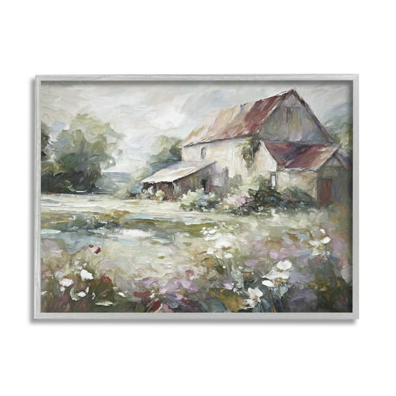 Stupell Industries Muted Cottage Meadow Landscape Painting Gray Framed Art Print Wall Art, 14 x 11