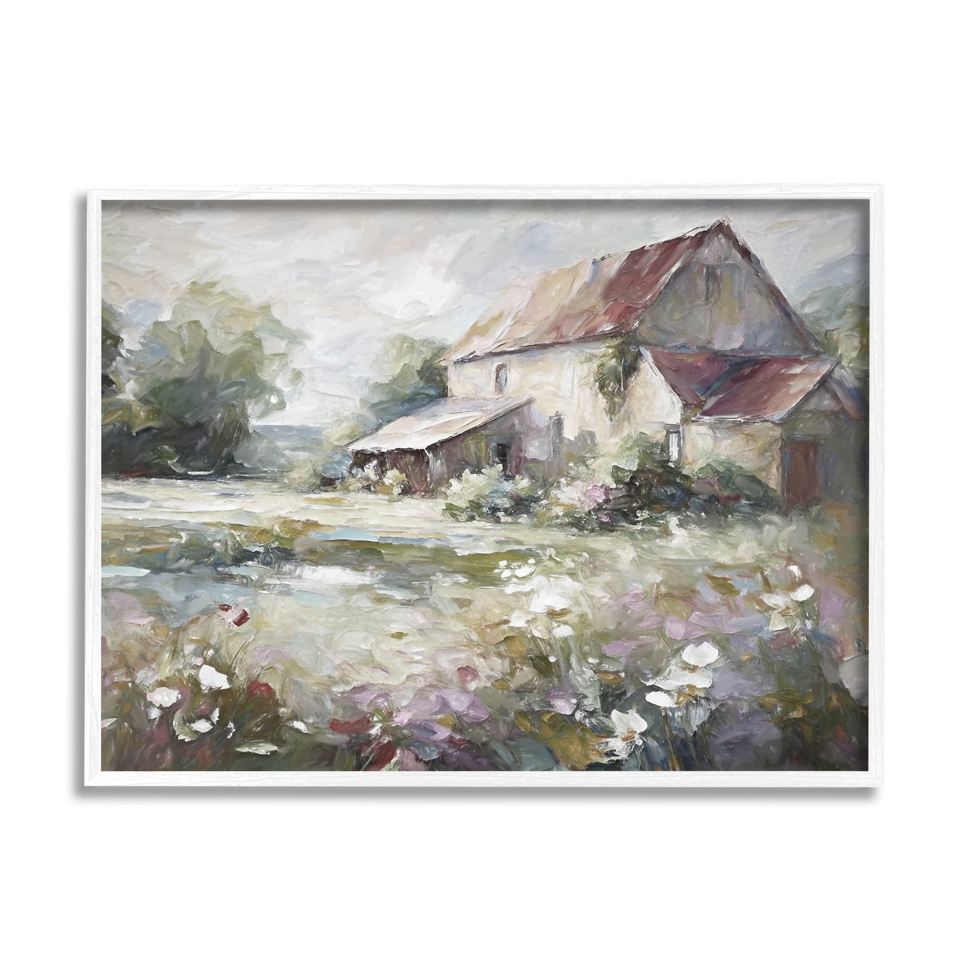Stupell Industries Muted Cottage Meadow Landscape Painting White Framed Art Print Wall Art, 14 x 11
