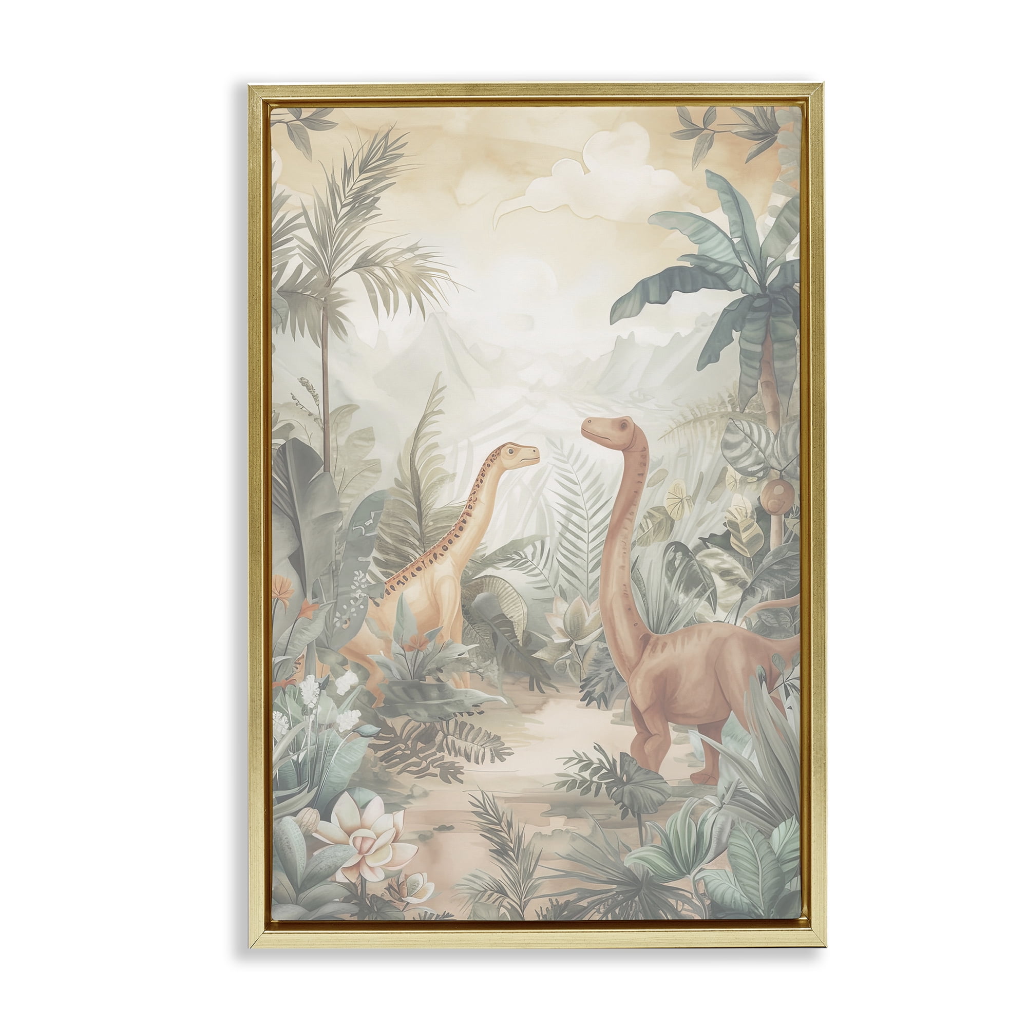Stupell Industries Muted Dinosaurs in Jungle Gold Framed Floater Canvas Wall Art, design by Ray Powers