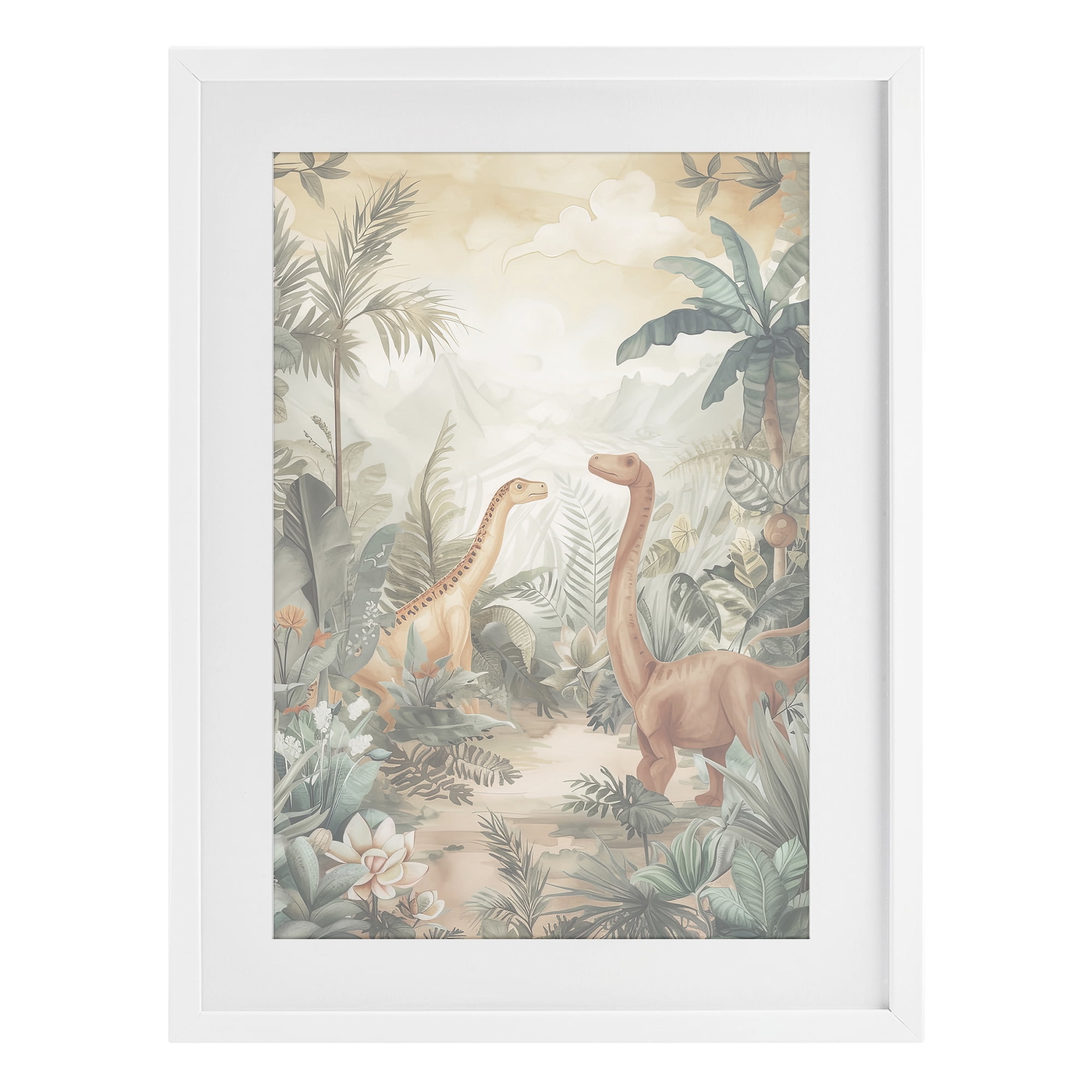 Stupell Industries Muted Dinosaurs in Jungle White Framed Print Under Glass, design by Ray Powers