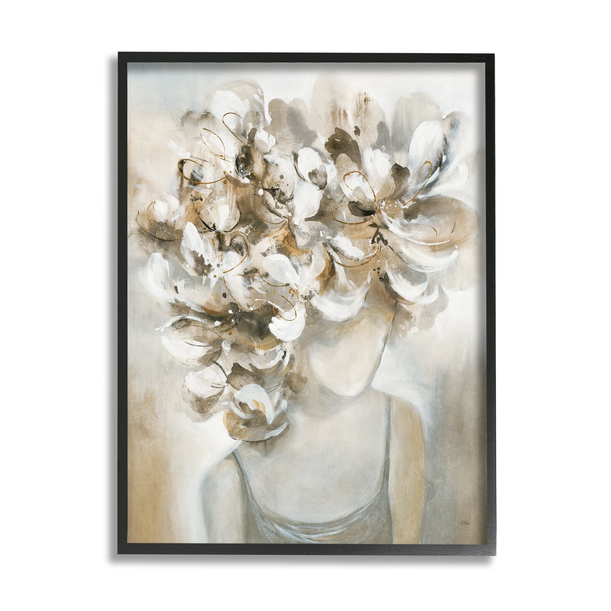 Stupell Industries Muted Female Portrait Abstract Floral Petal Hair Botanical & Floral Painting Black Framed Art Print Wall Art, 16 x 20