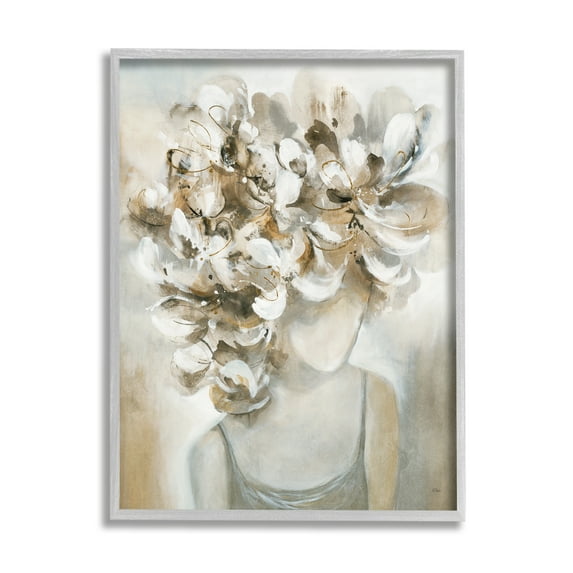 Stupell Industries Muted Female Portrait Abstract Floral Petal Hair Botanical & Floral Painting Gray Framed Art Print Wall Art, 24 x 30