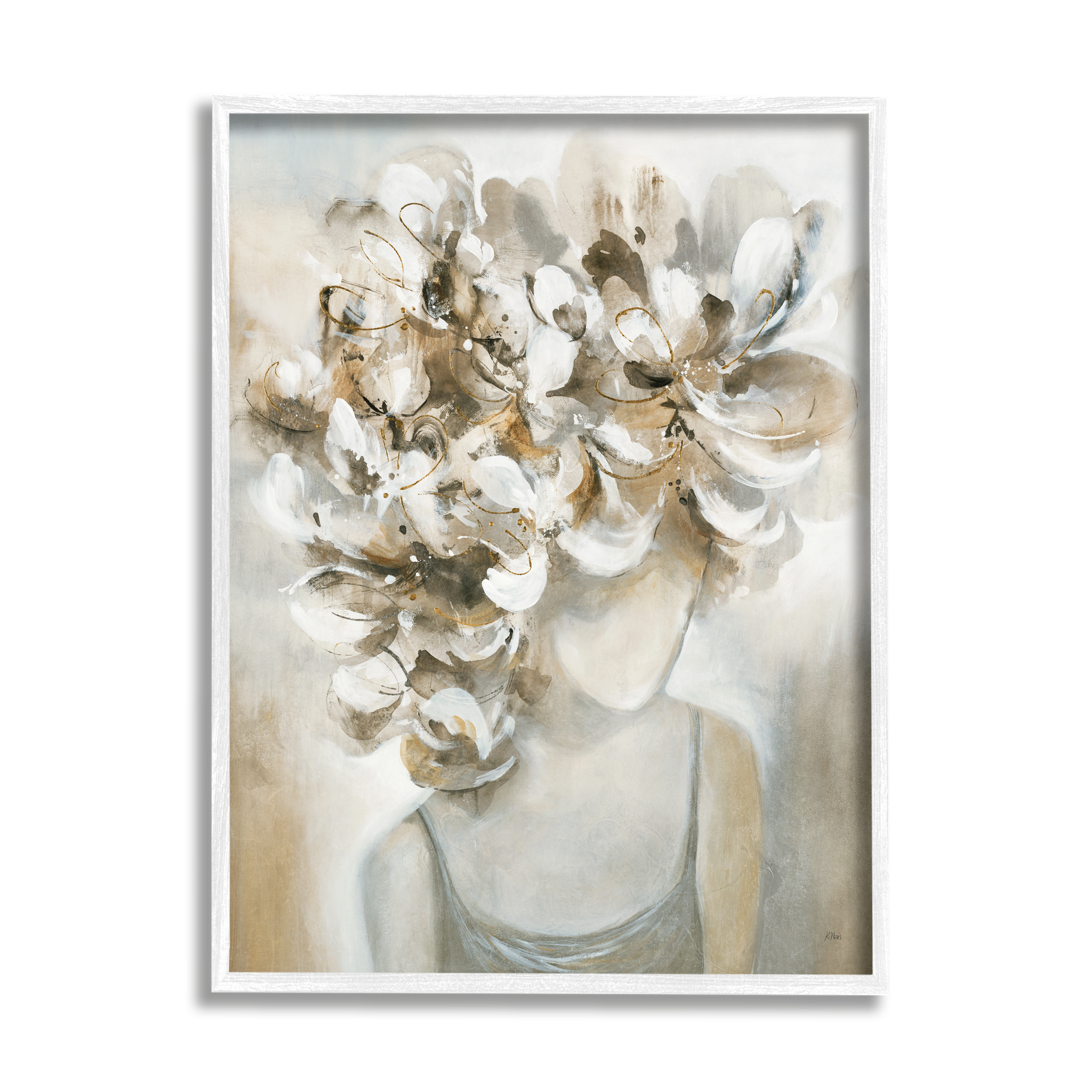Stupell Industries Muted Female Portrait Abstract Floral Petal Hair Botanical & Floral Painting White Framed Art Print Wall Art, 16 x 20