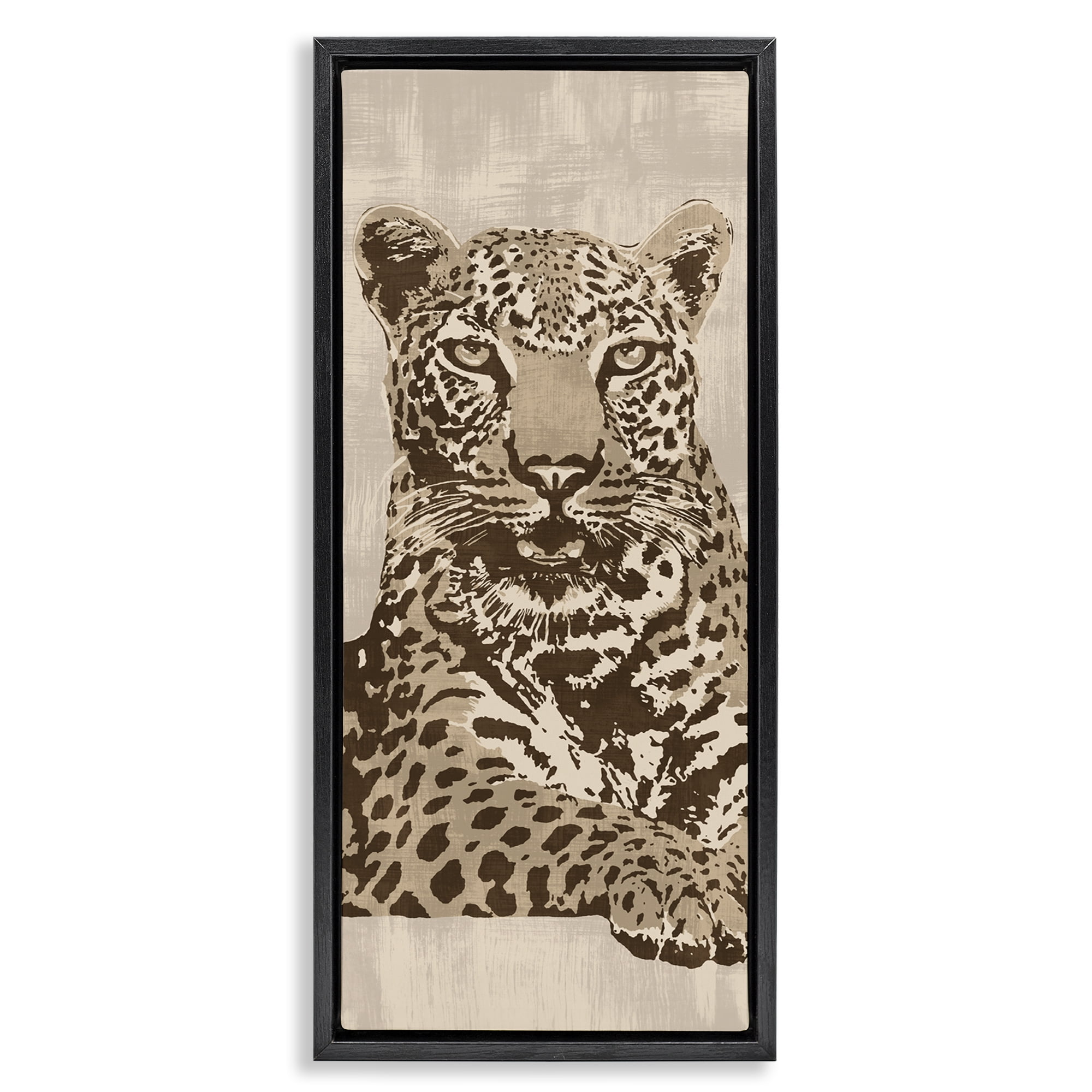 Stupell Industries Muted Fierce Leopard Animals Painting Black Floater Framed Canvas Art Print Wall Art, 14 x 31