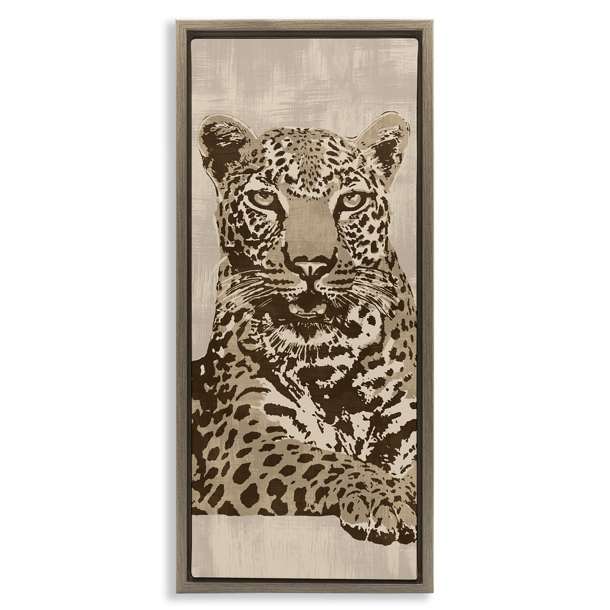 Stupell Industries Muted Fierce Leopard Animals Painting Brown Floater Framed Canvas Art Print Wall Art, 11 x 25