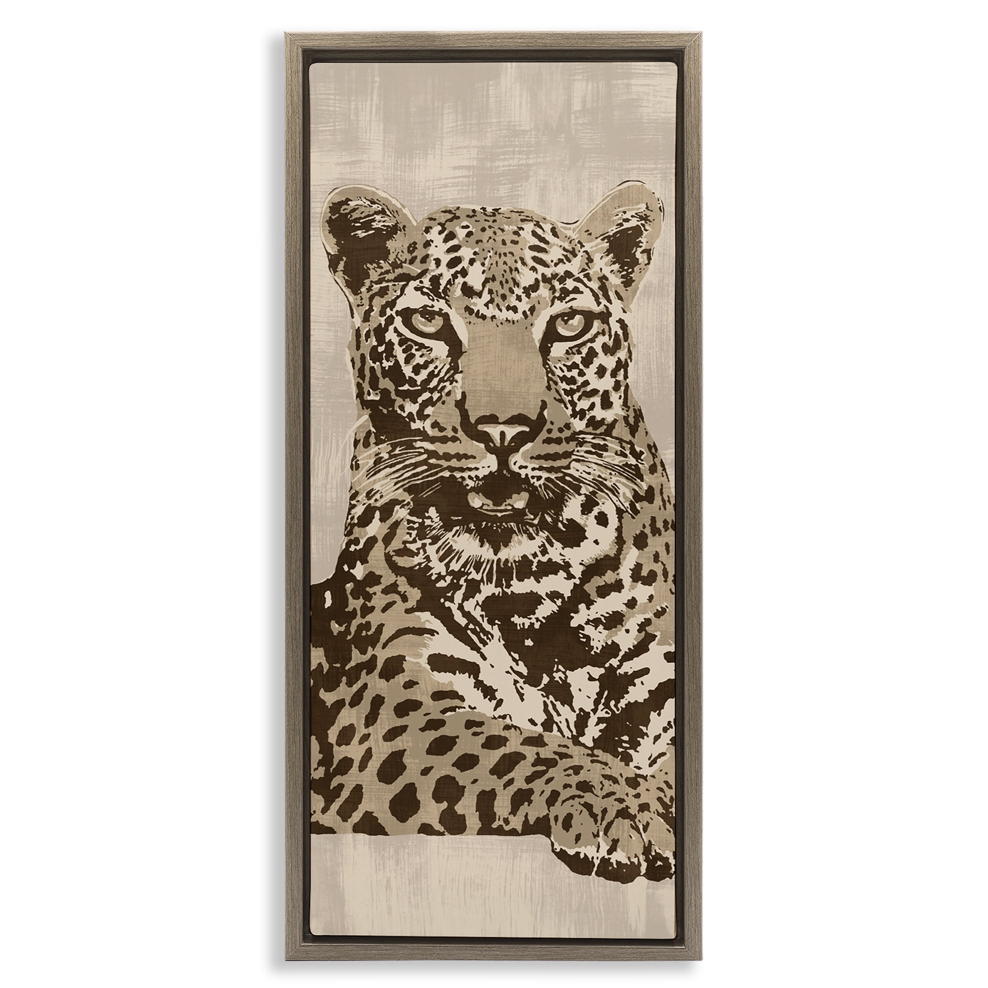 Stupell Industries Muted Fierce Leopard Animals Painting Brown Floater Framed Canvas Art Print Wall Art, 14 x 31