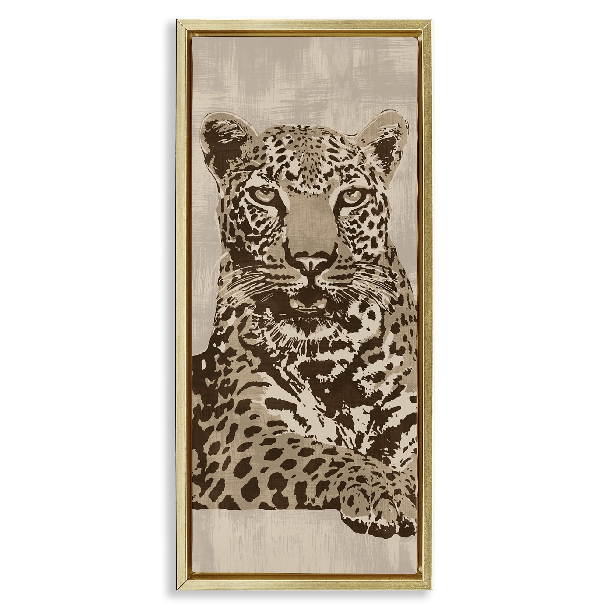 Stupell Industries Muted Fierce Leopard Animals Painting Gold Floater Framed Canvas Art Print Wall Art, 11 x 25