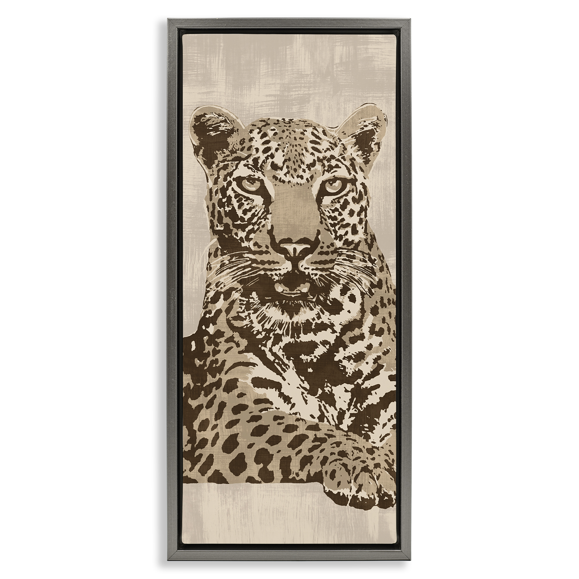 Stupell Industries Muted Fierce Leopard Animals Painting Gray Floater Framed Canvas Art Print Wall Art, 11 x 25