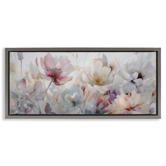 Stupell Industries Muted Grey Toned Flowers Floral Painting Gray Floater Framed Canvas Art Print Wall Art, 25 x 11