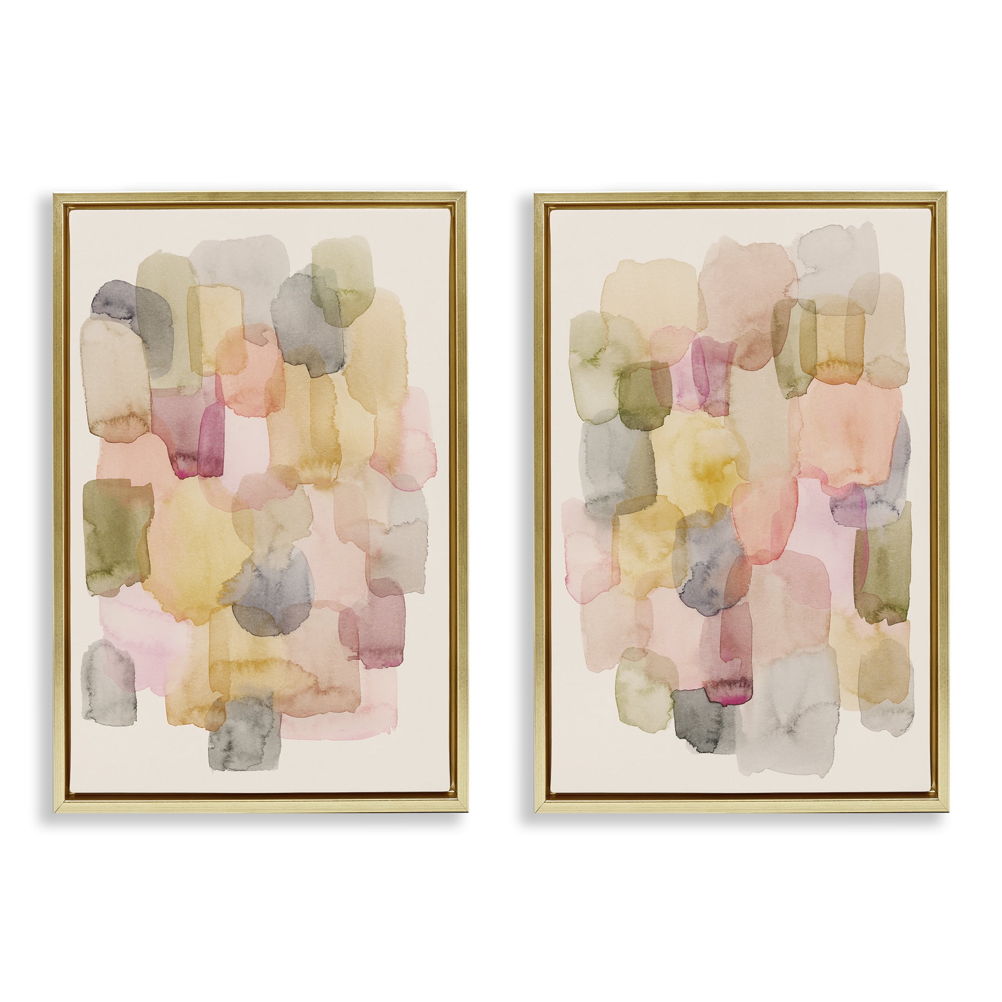 Stupell Industries Muted Layered Neutrals Abstract Painting Gold Floater Framed Canvas Art Print Wall Art, 17 x 25, Set of 2
