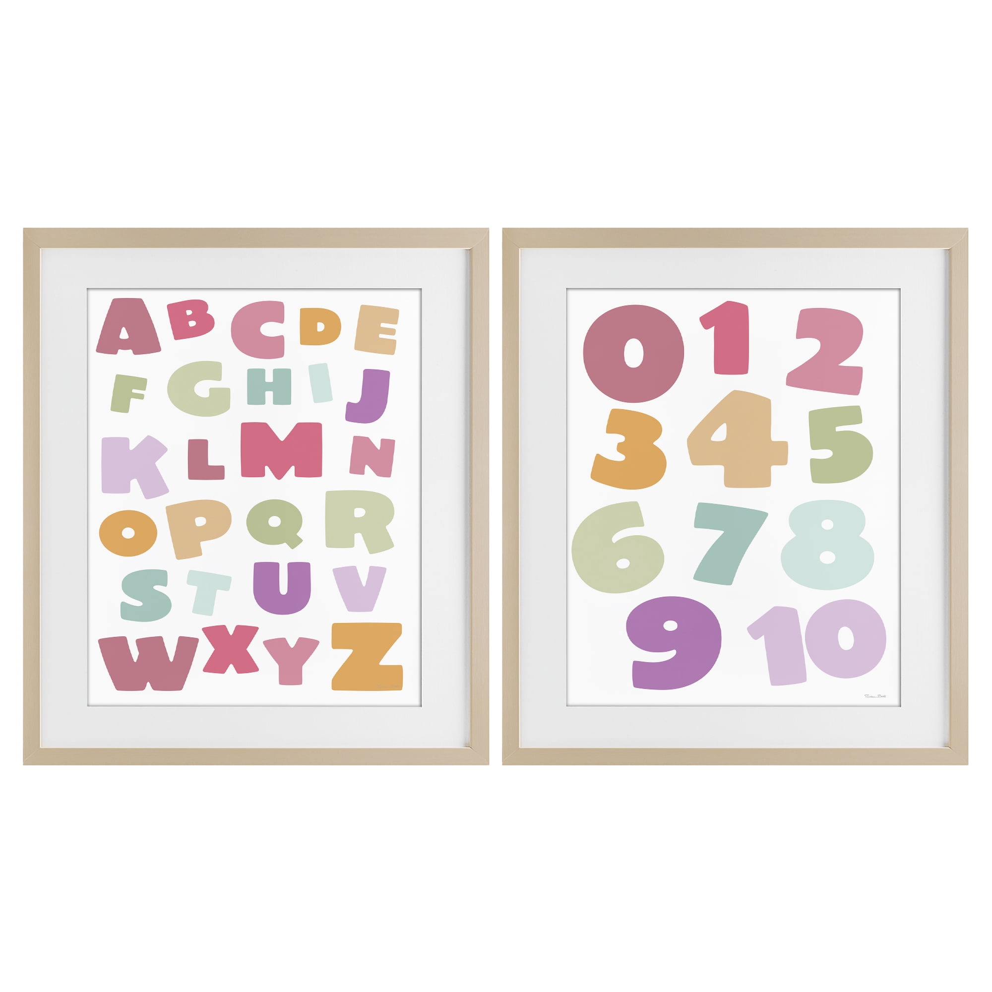 Stupell Industries Muted Letters & Numbers Educational 2 Piece Birch Framed Print Under Glass Set, design by Susan Ball