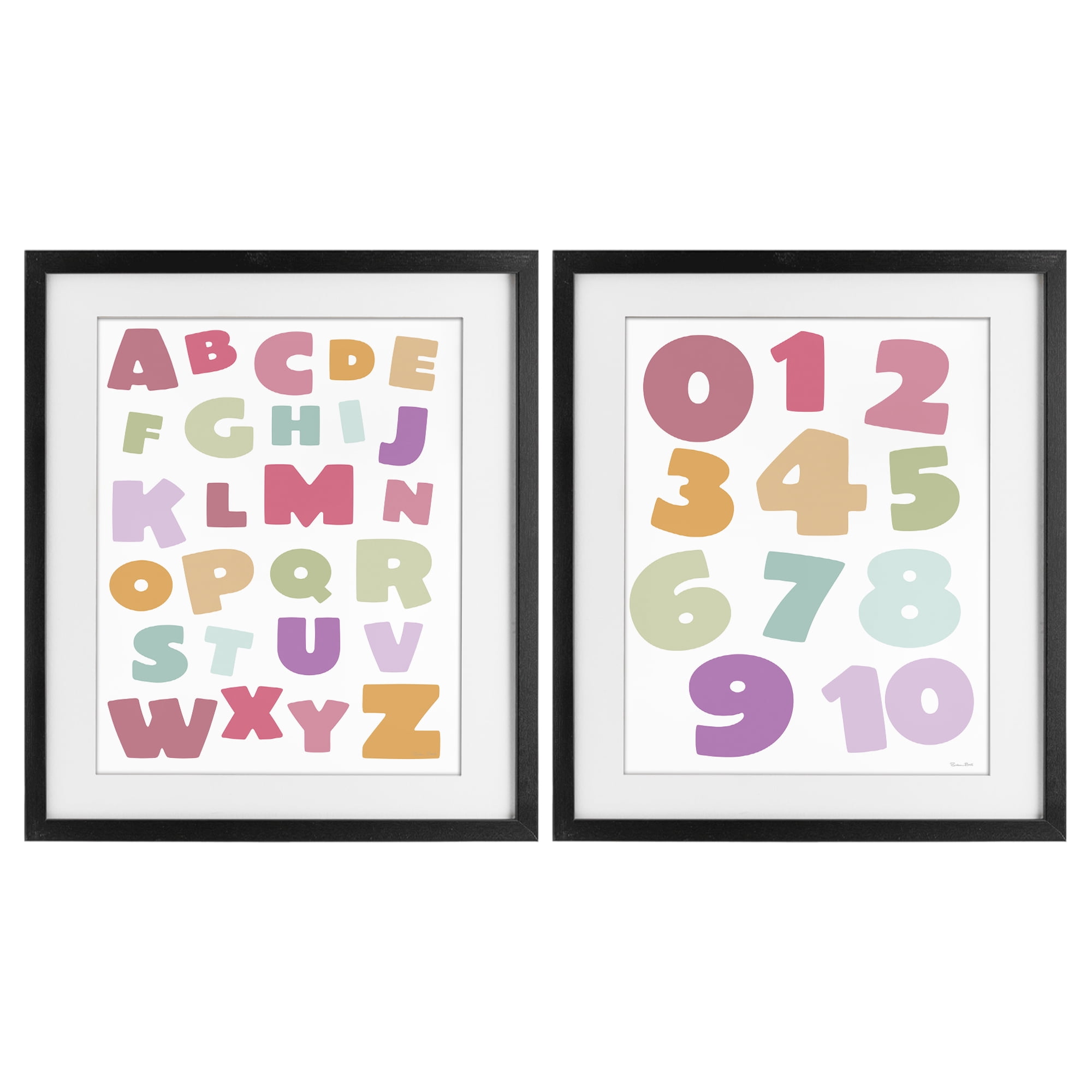 Stupell Industries Muted Letters & Numbers Educational 2 Piece Black Framed Print Under Glass Set, design by Susan Ball