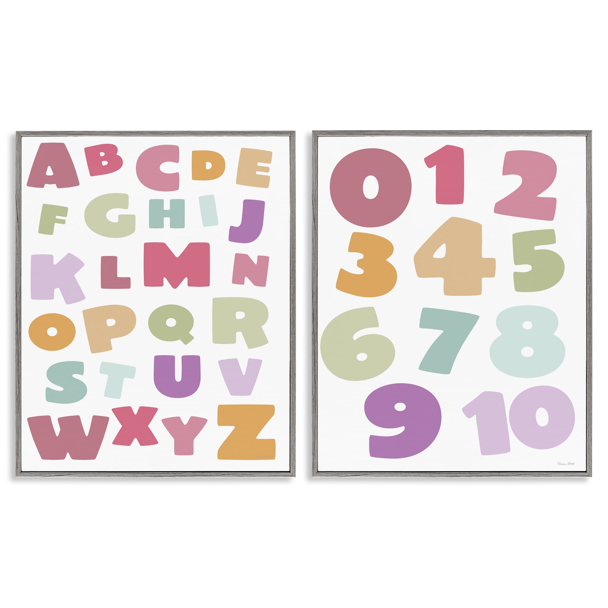 Stupell Industries Muted Letters & Numbers Educational 2 Piece Gray Framed Giclee Art Set, design by Susan Ball
