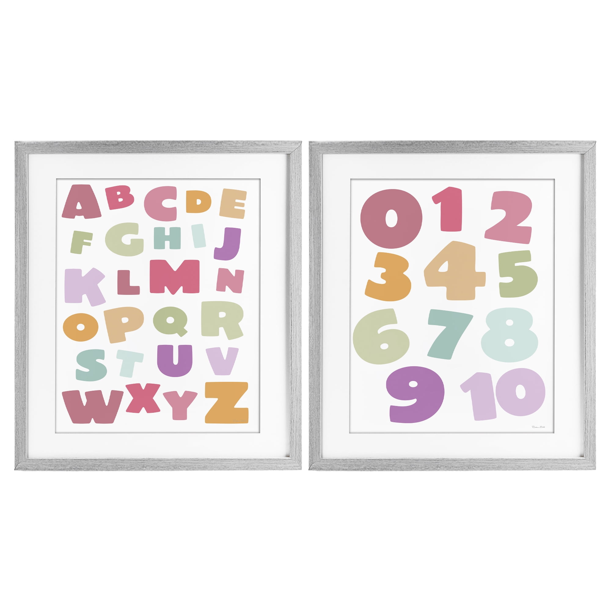 Stupell Industries Muted Letters & Numbers Educational 2 Piece Gray Framed Print Under Glass Set, design by Susan Ball