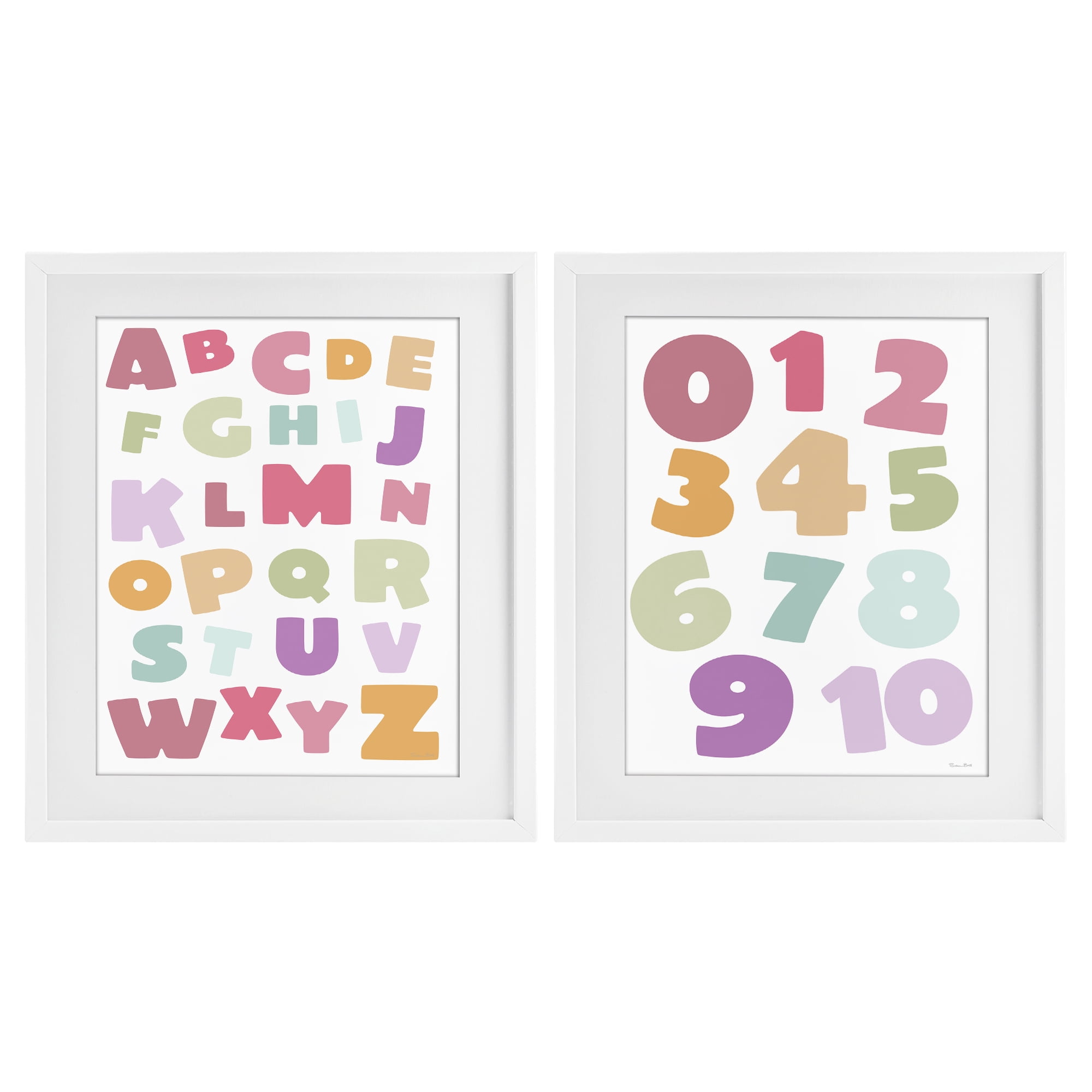 Stupell Industries Muted Letters & Numbers Educational 2 Piece White Framed Print Under Glass Set, design by Susan Ball