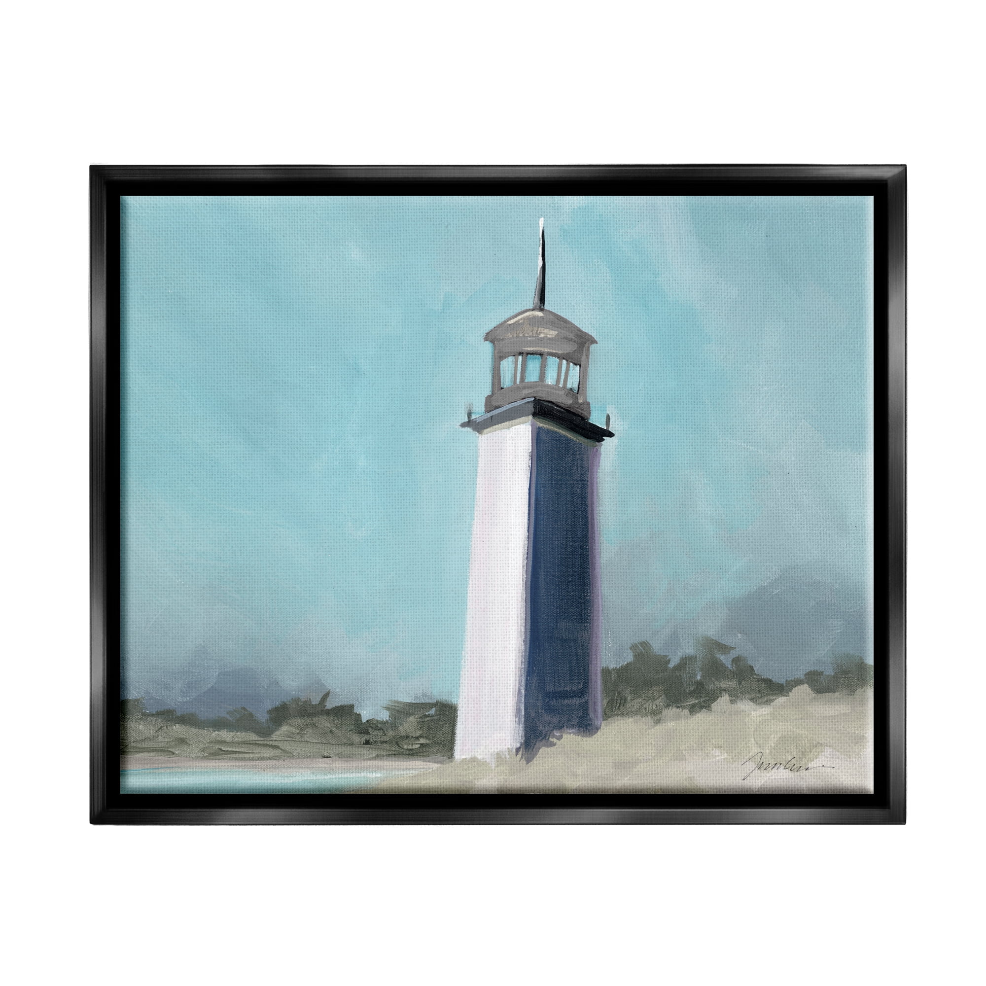 Stupell Industries Muted Lighthouse Landscape Nature Painting Black Floater Framed Art Print Wall Art, 21 x 17