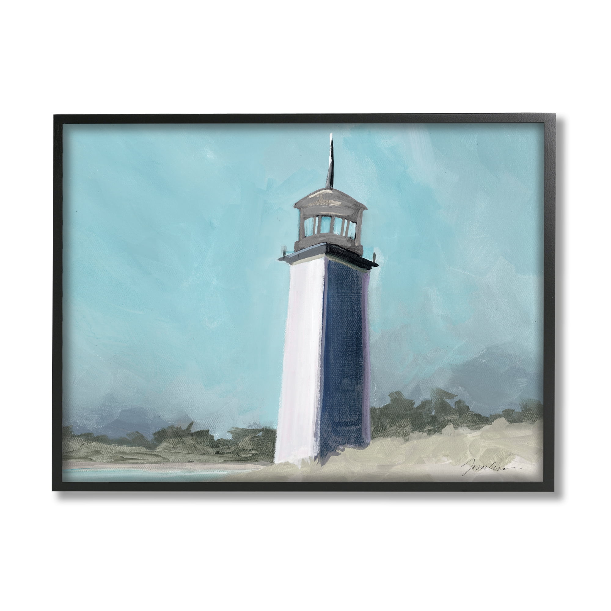 Stupell Industries Muted Lighthouse Landscape Nature Painting Black Framed Art Print Wall Art, 20 x 16