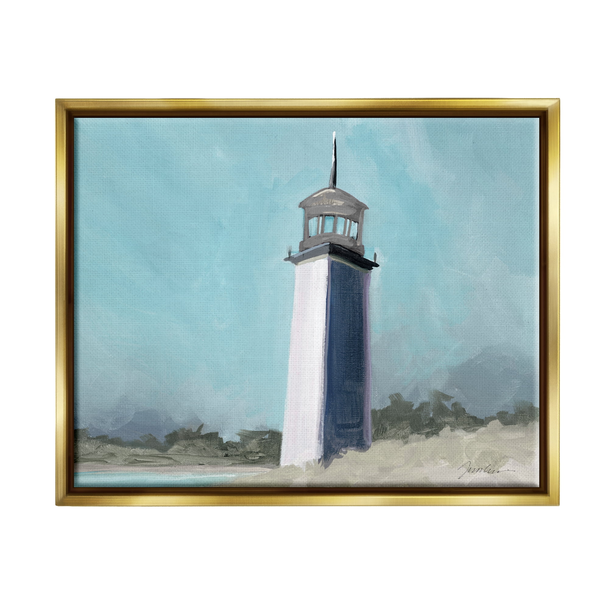 Stupell Industries Muted Lighthouse Landscape Nature Painting Gold Floater Framed Art Print Wall Art, 31 x 25