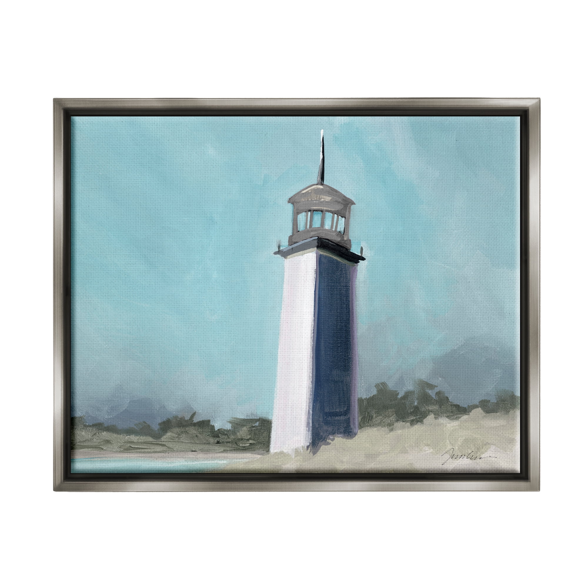Stupell Industries Muted Lighthouse Landscape Nature Painting Gray Floater Framed Art Print Wall Art, 31 x 25